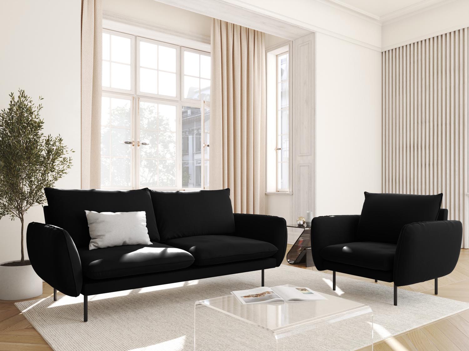 Elegantes Vienna Velour Sofa in Schwarz, 2-Sitzer mit modernem Design, ideal für stilvolle Wohnräume und gemütliche Abende.