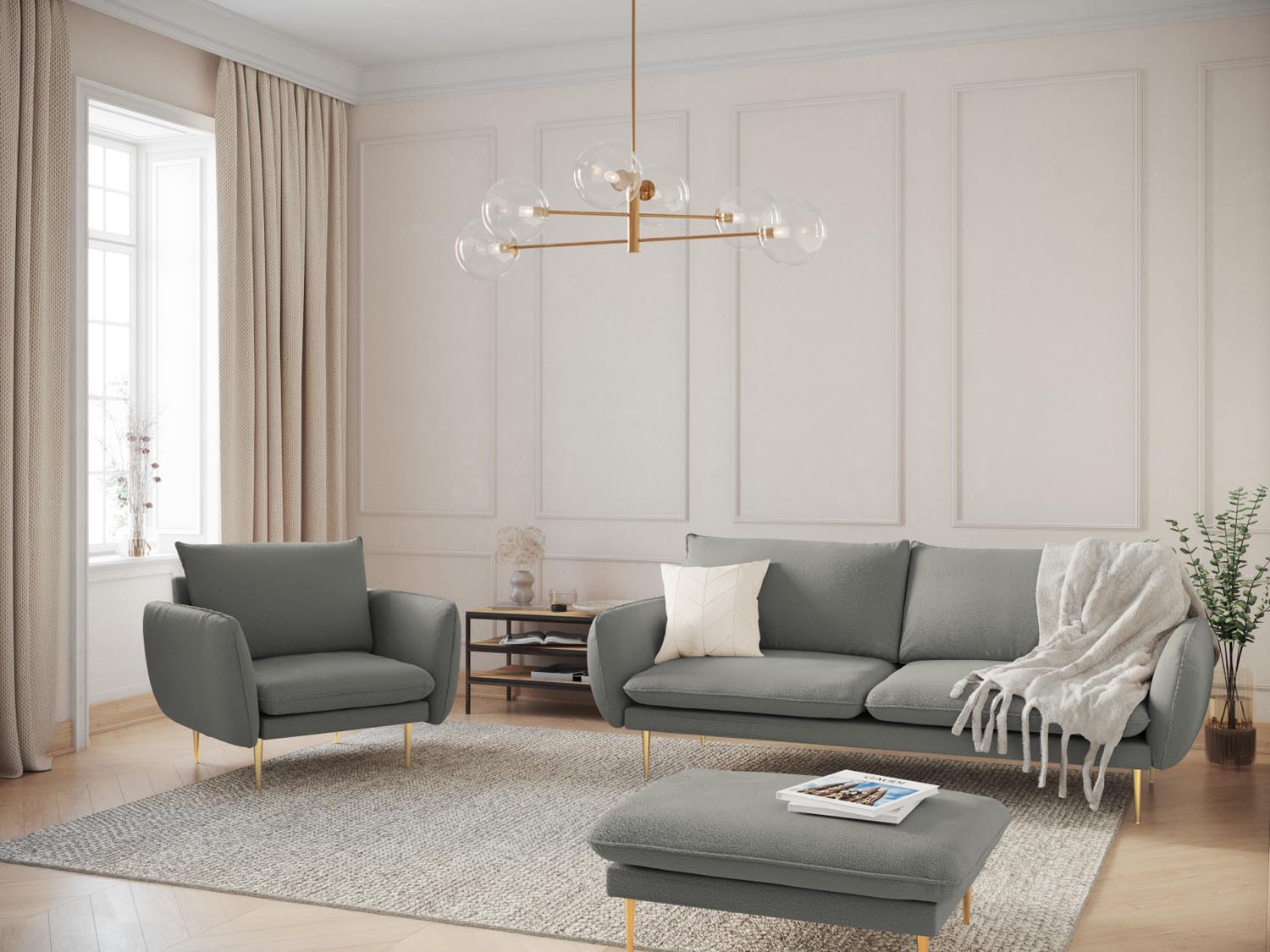 Elegantes 2-Sitzer Boucle Sofa in Grau mit goldenen Akzenten, ideal für stilvolle Wohnräume. Perfekte Kombination aus Komfort und Design.