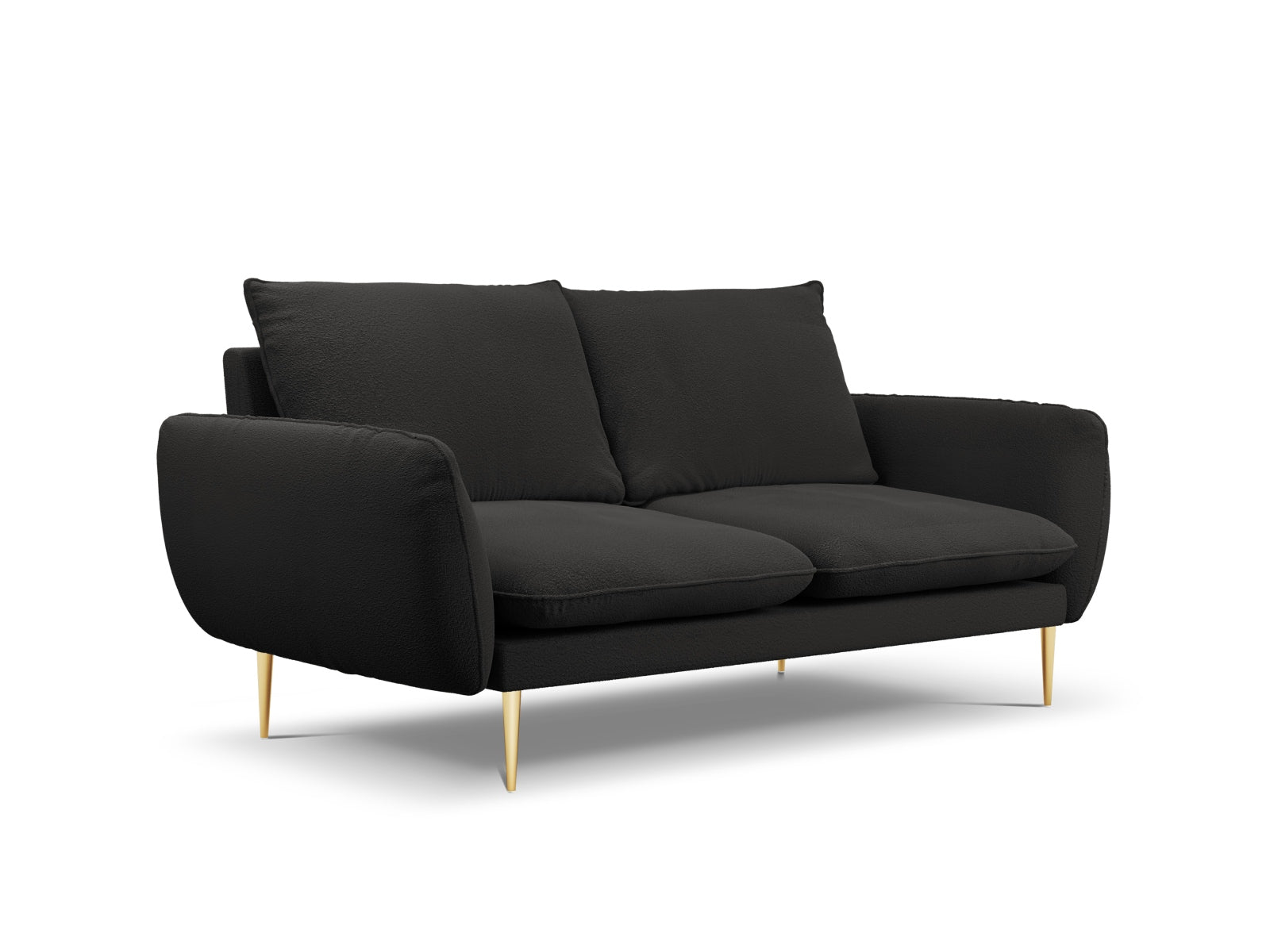 Modernes 2-Sitzer Sofa im Boucle-Stil, kombiniert Schwarz und Gold für ein elegantes Ambiente in jedem Wohnzimmer.