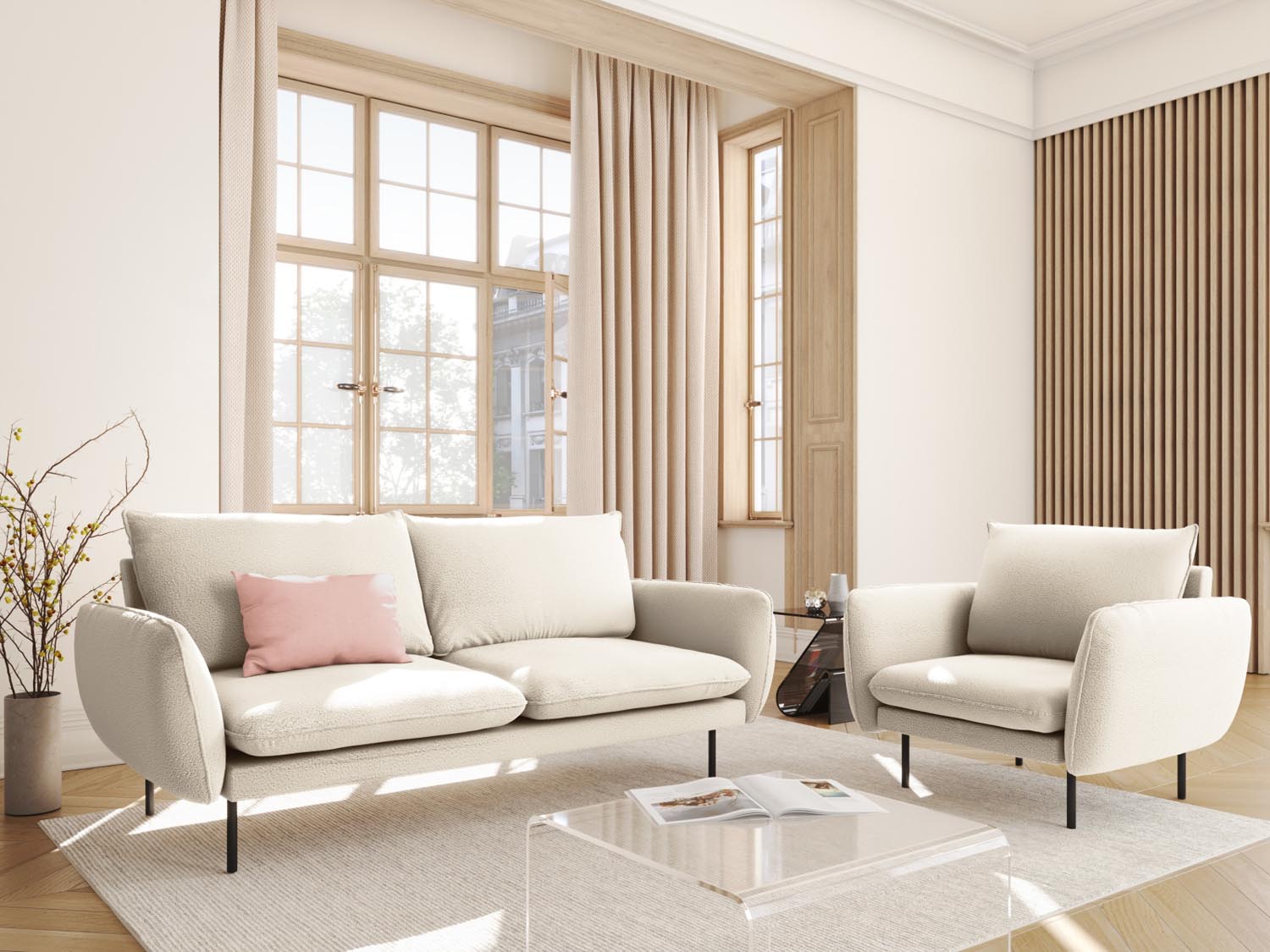 Elegantes Vienna Boucle Sofa für zwei Personen in stilvollem Beige und Schwarz, ideal für moderne Wohnräume.