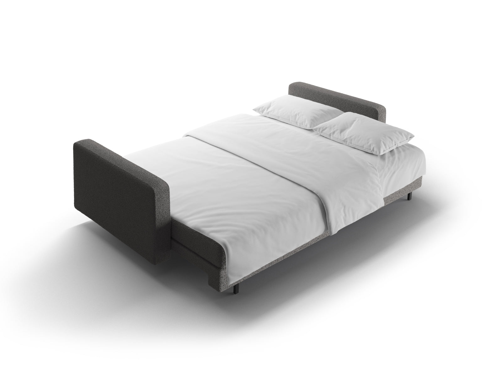 Modernes 3-Sitzer Sofa Bali in elegantem Dunkelgrau, ideal für Gästeübernachtungen und zur Aufbewahrung von Kissen und Decken.