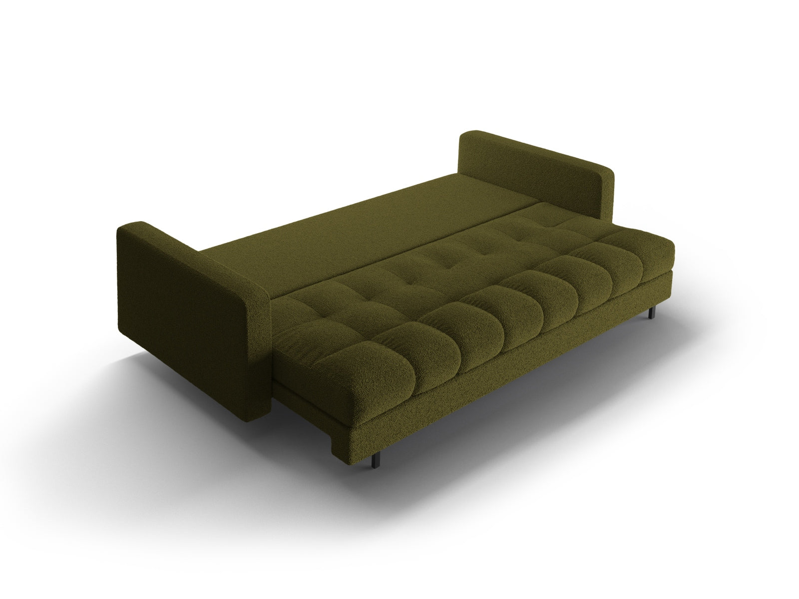 Stylisches 3-Sitzer Sofa Bali in Dunkeloliv, perfekt für multifunktionale Wohnräume, mit integrierter Schlaffunktion und cleverem Stauraum.