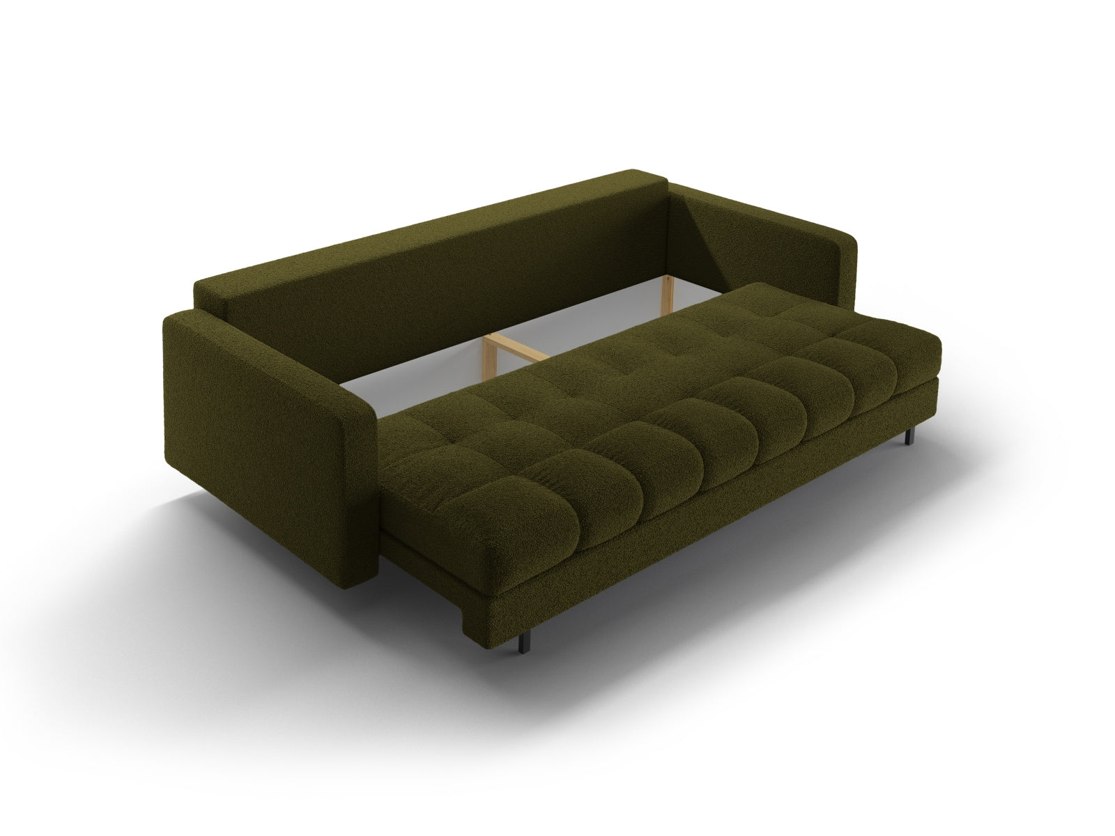 Stylisches 3-Sitzer Sofa Bali in Dunkeloliv, multifunktional mit Schlaffunktion und integriertem Stauraum, perfekt für moderne Wohnräume.