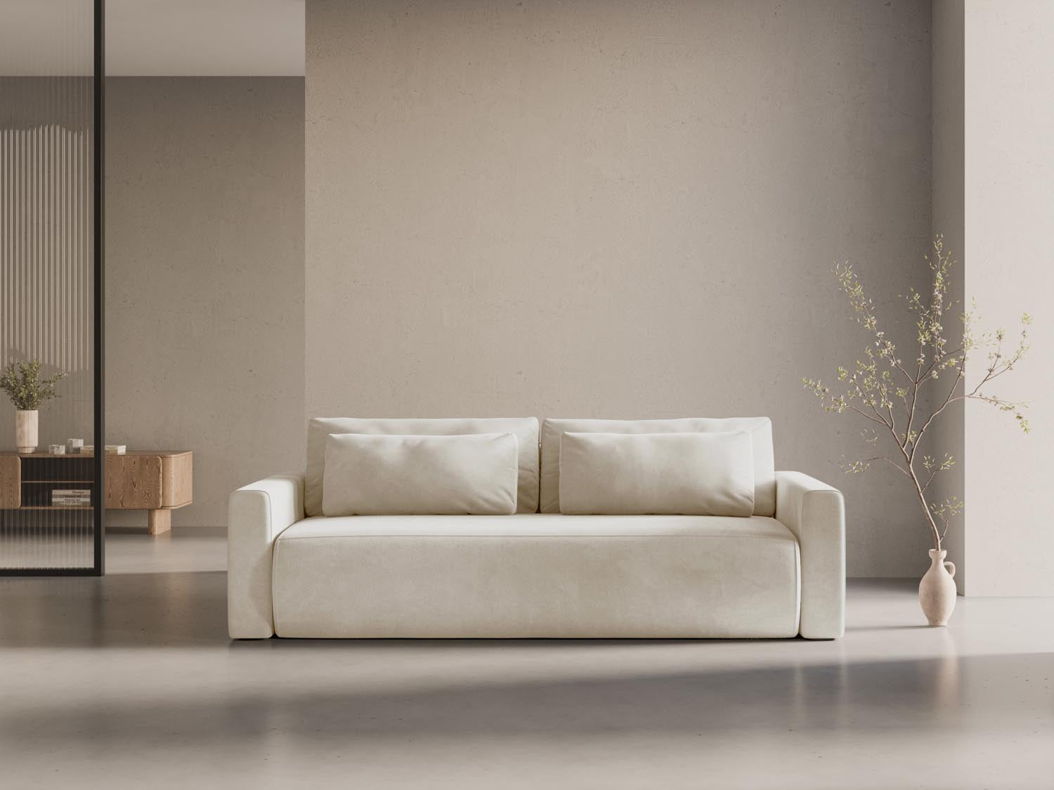 Elegantes Belfast Velour Sofa in Ivory-Magic Velvet, 3-Sitzer mit Schlaffunktion und praktischem Stauraum, ideal für stilvolle Wohnräume.