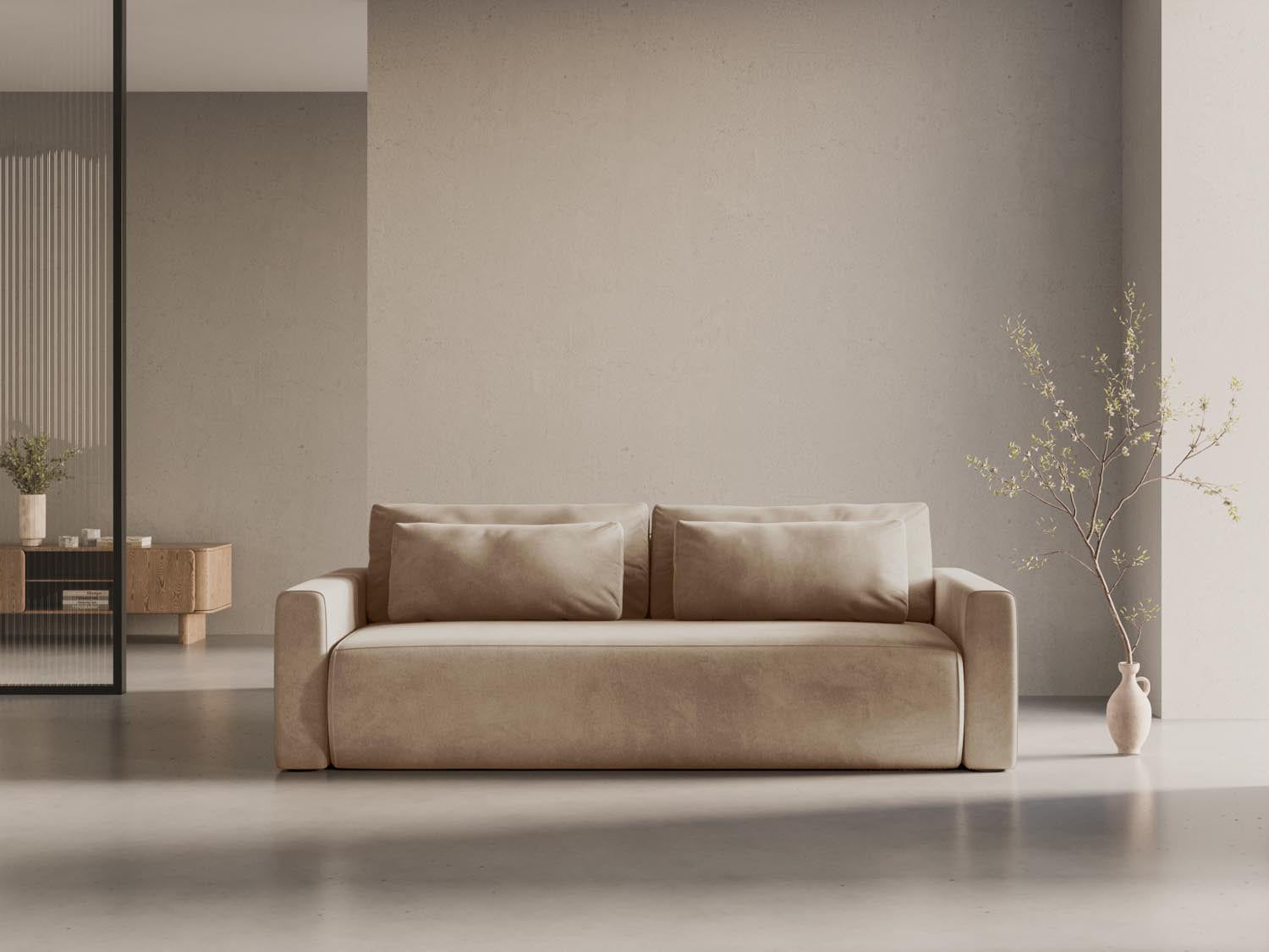 Elegantes Belfast Velour Sofa in Almond Beige mit Schlaffunktion und Stauraum, ideal für stilvolle Wohnräume und Gästeübernachtungen.