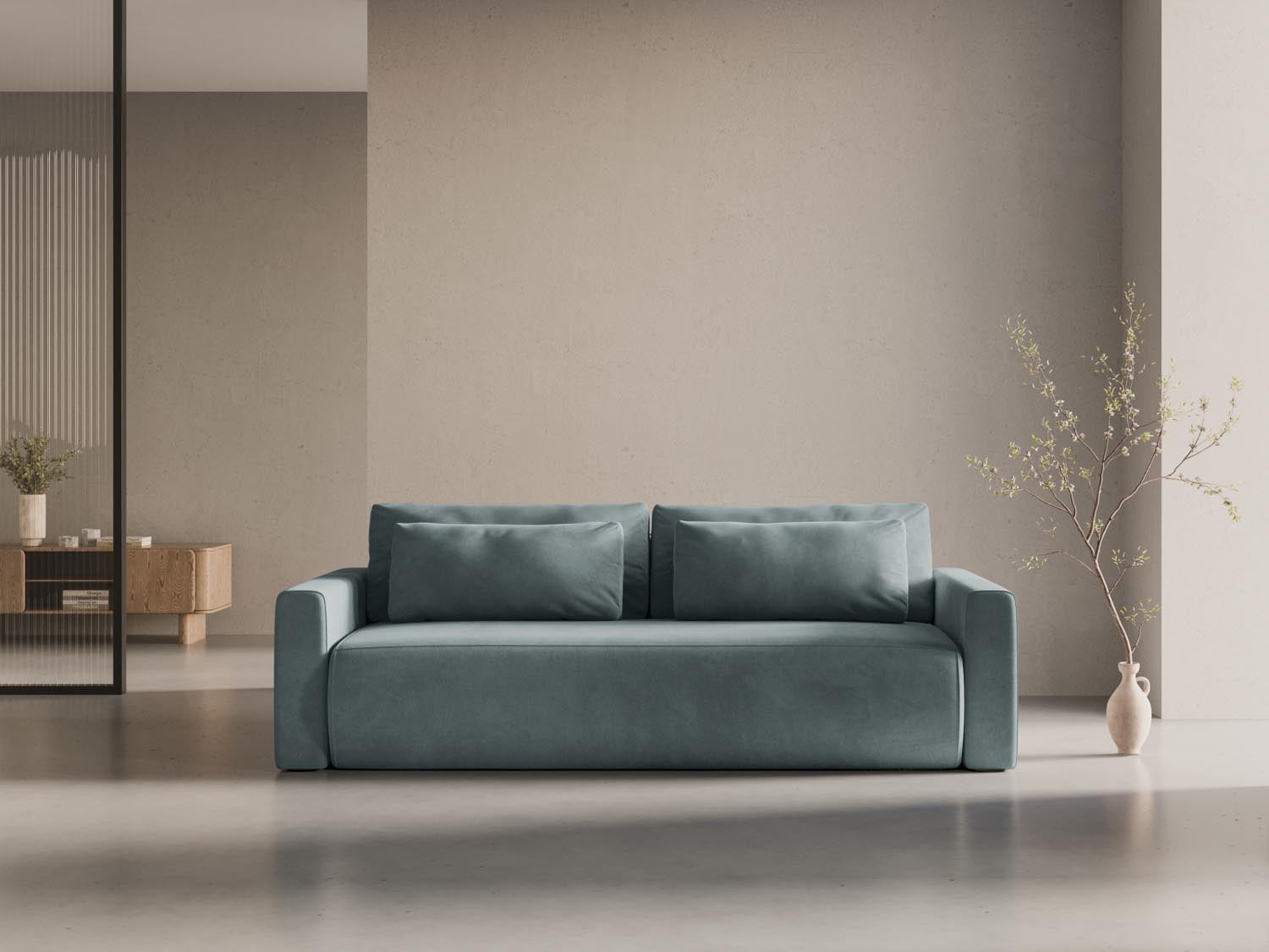 Elegantes Belfast Velour Sofa in Blue Grey-Magic Velvet, 3-Sitzer mit Schlaffunktion und Stauraum, ideal für stilvolle Wohnräume.