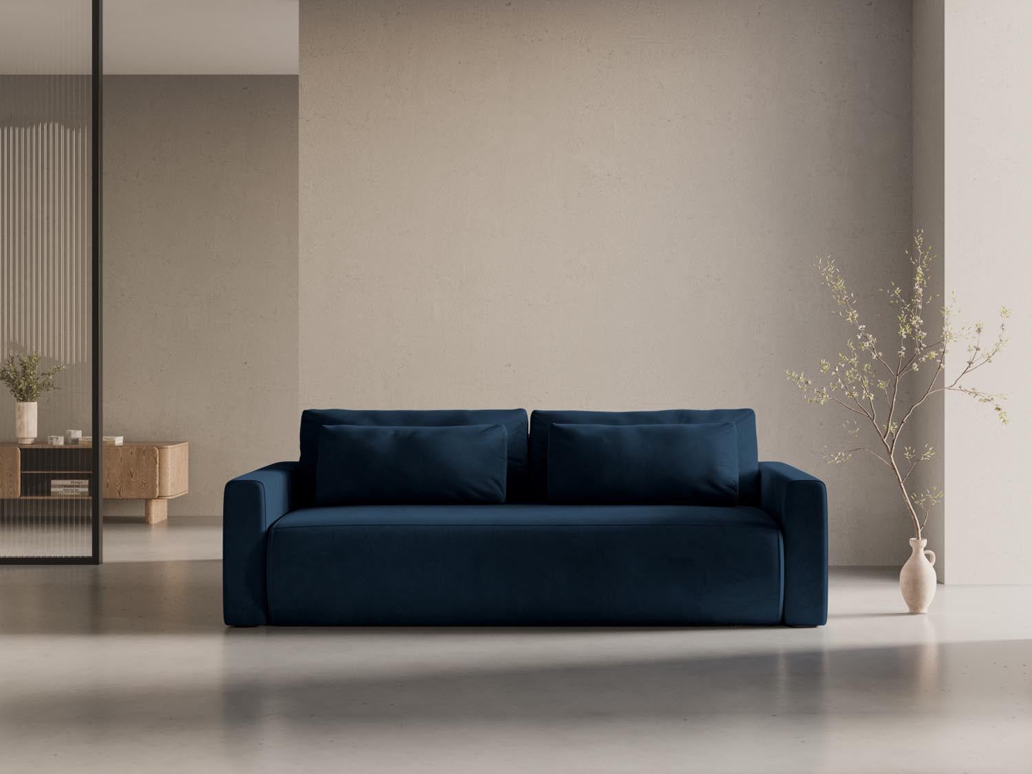Elegantes Belfast Velour Sofa in Royal Blue mit Schlaffunktion und Stauraum, ideal für stilvolle Wohnräume und Gästeübernachtungen.