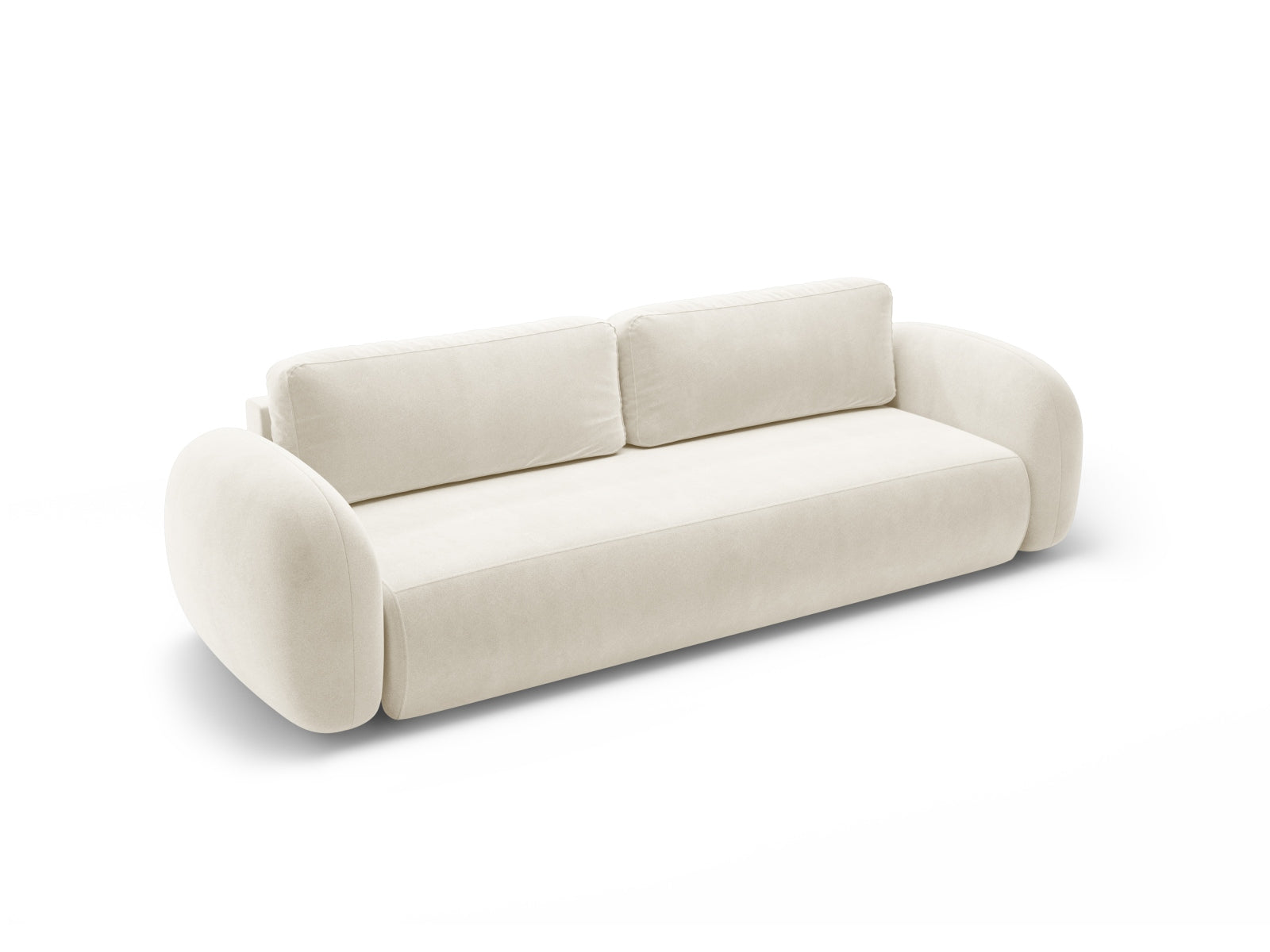 Modernes 3-Sitzer Sofa aus Velours in Ivory, vielseitig einsetzbar mit Schlaffunktion und praktischem Stauraum für zusätzlichen Komfort.