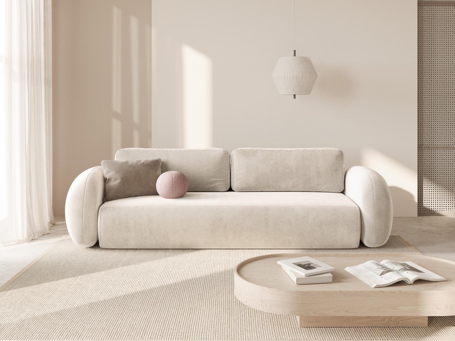 Elegantes Tonale Velour Sofa in Ivory mit Schlaffunktion und Stauraum, ideal für stilvolle Wohnräume und Gästeübernachtungen.