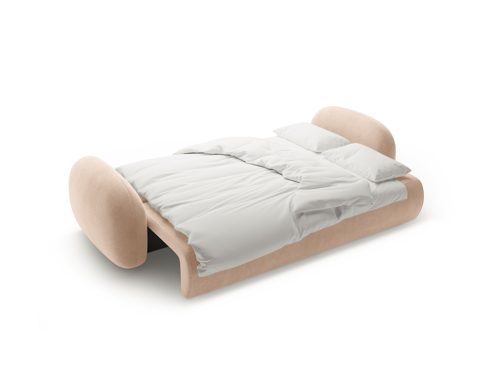 Elegantes 3-Sitzer Velour Sofa in warmem Almond Beige, ideal für Gästeübernachtungen und mit cleverem Stauraum für Ihr Zuhause.