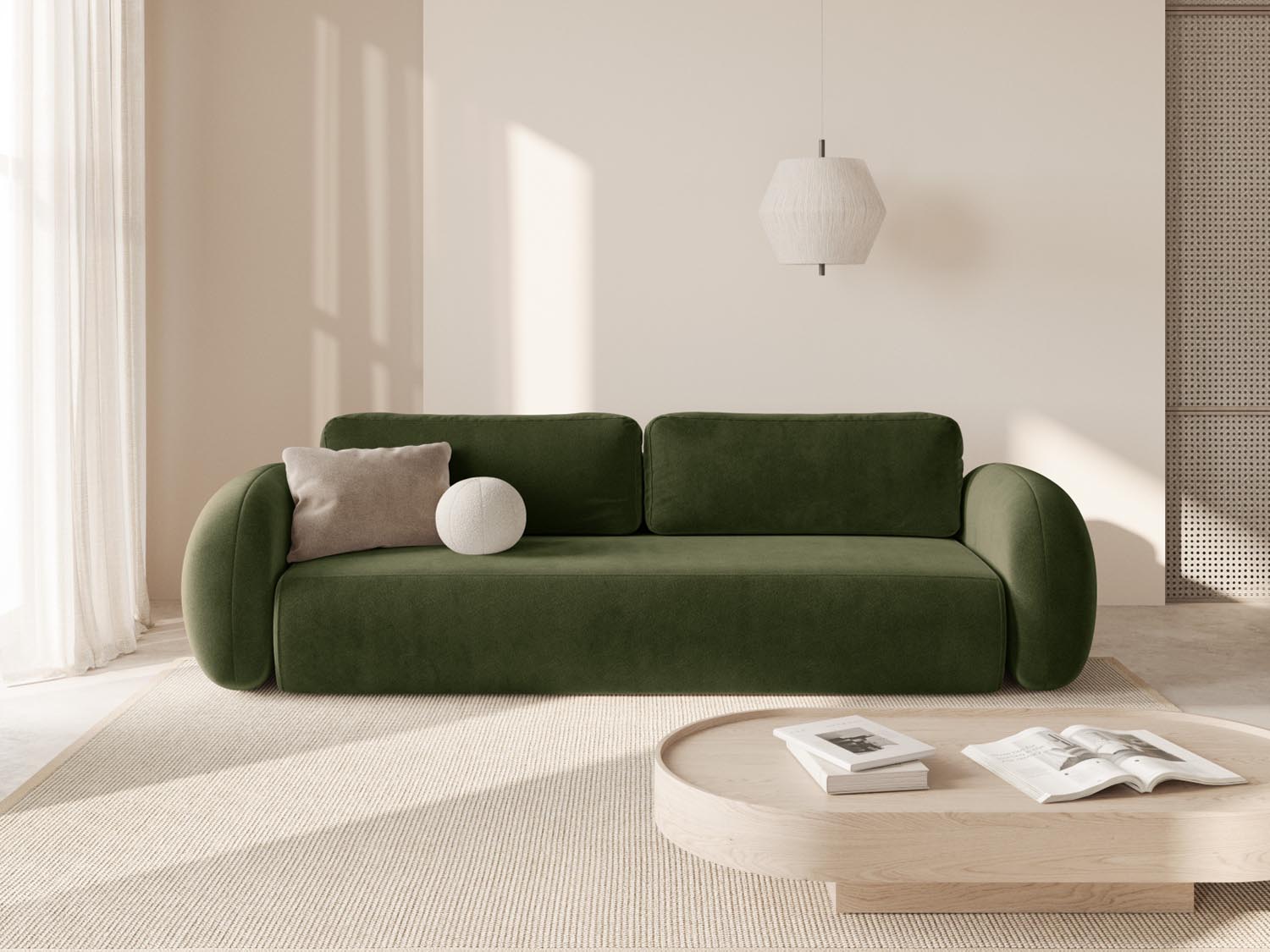 Elegantes Tonale Velour Sofa in Army Green mit Schlaffunktion und Stauraum, ideal für stilvolle Wohnräume und Gästeübernachtungen.