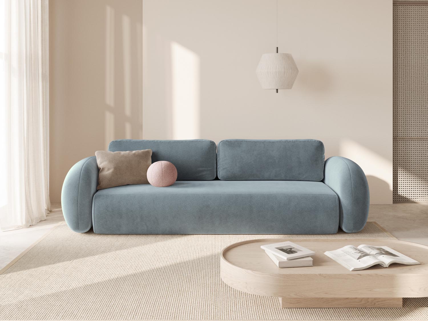 Elegantes Tonale Velour Sofa in Blue Grey mit Schlaffunktion und Stauraum, ideal für stilvolle Wohnräume und Gästeübernachtungen.