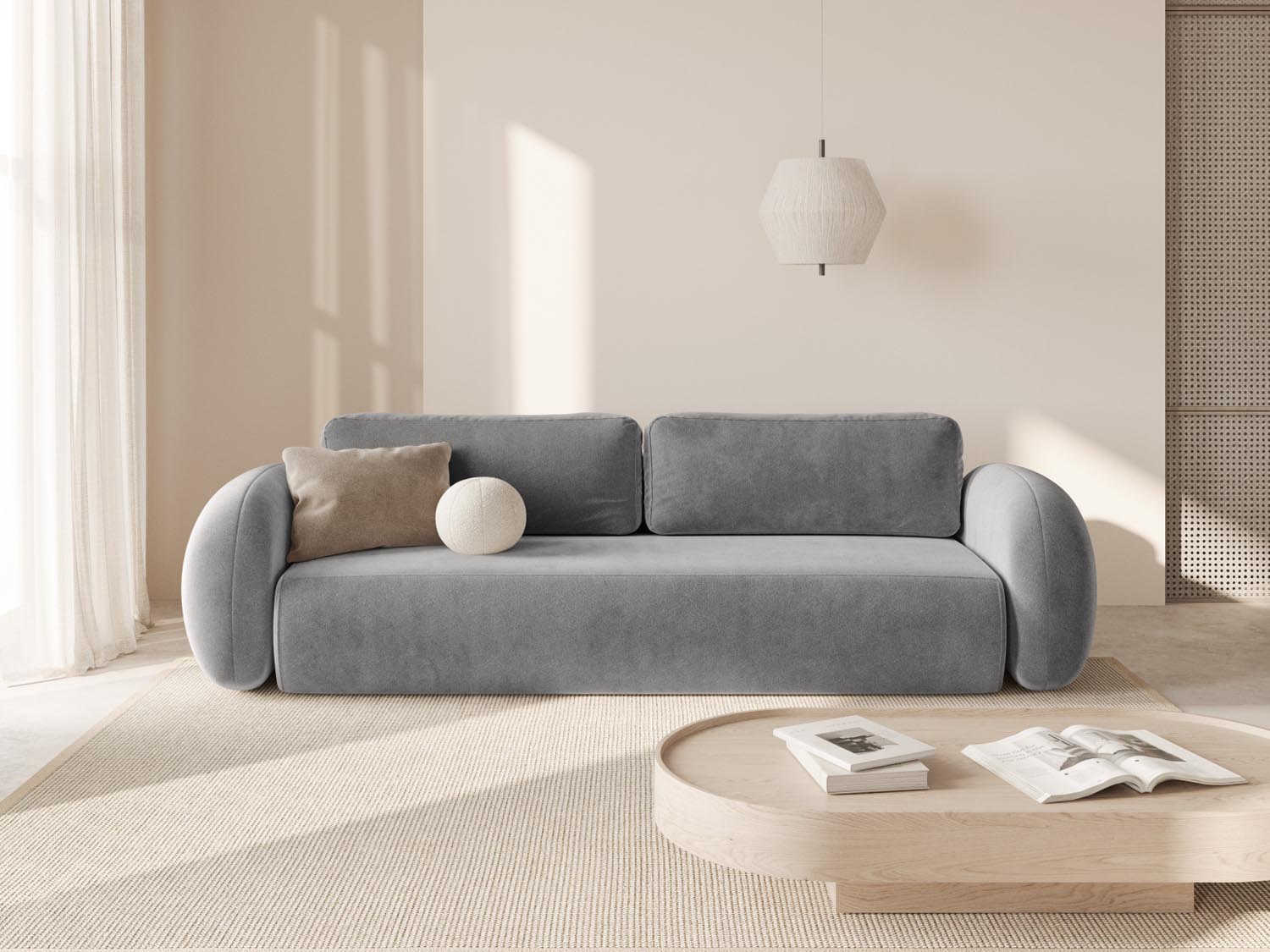 Elegantes Tonale Velour Sofa in Dunkelgrau mit Schlaffunktion und Stauraum, ideal für stilvolle Wohnräume und Gästeübernachtungen.