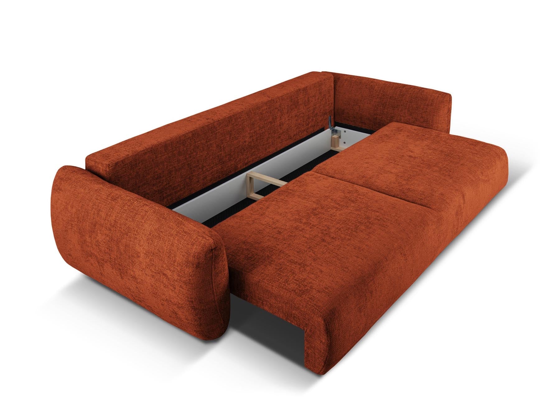 Stylisches 3-Sitzer Sofa Matera in warmem Terracotta, perfekt für Wohnräume, bietet Schlaffunktion und cleveren Stauraum.