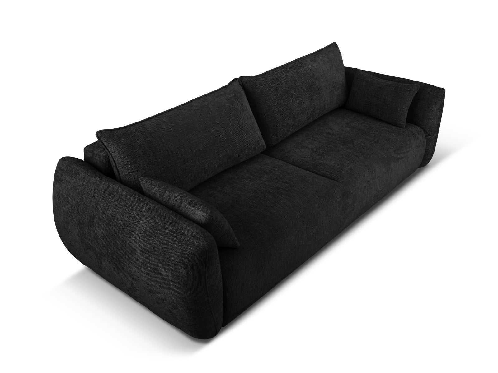 Elegantes 3-Sitzer Sofa Matera in Schwarz, ideal für Gästeübernachtungen und mit praktischem Stauraum für zusätzlichen Komfort.