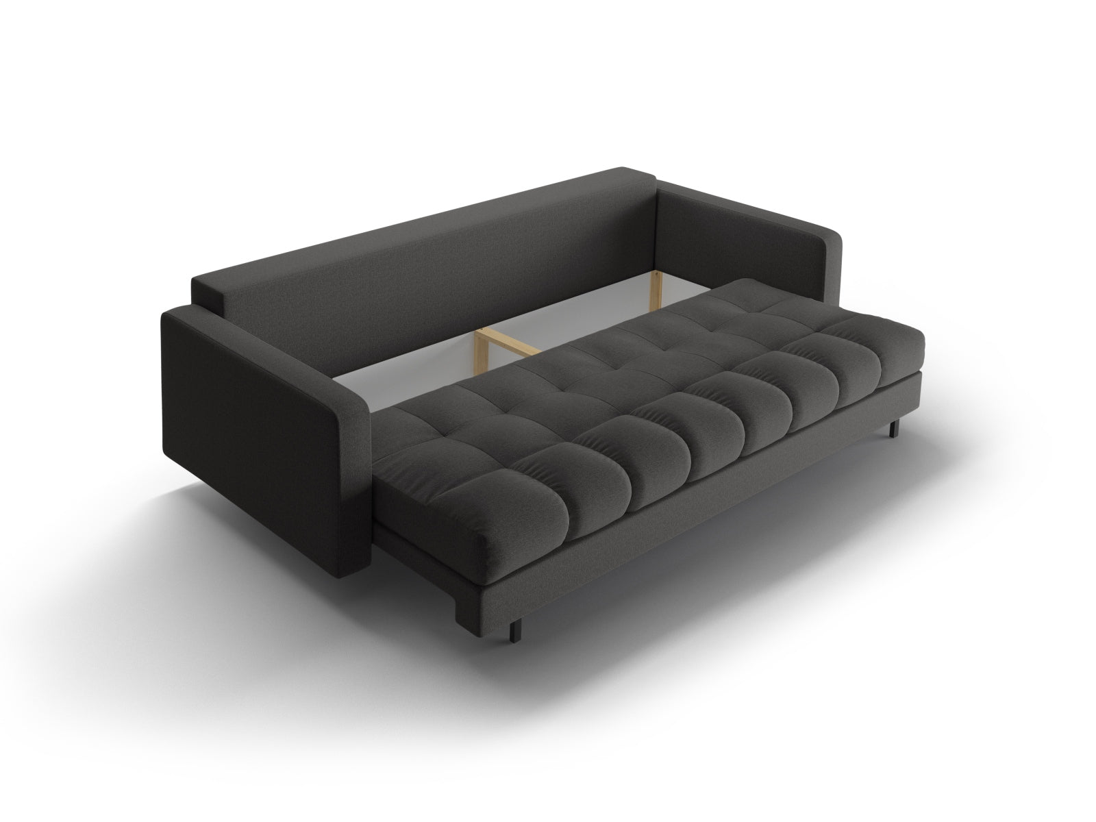 Stylisches 3-Sitzer Bettsofa Bali in dunklem Grau, ideal für Gästeübernachtungen und mit praktischem Stauraum für Kissen und Decken.