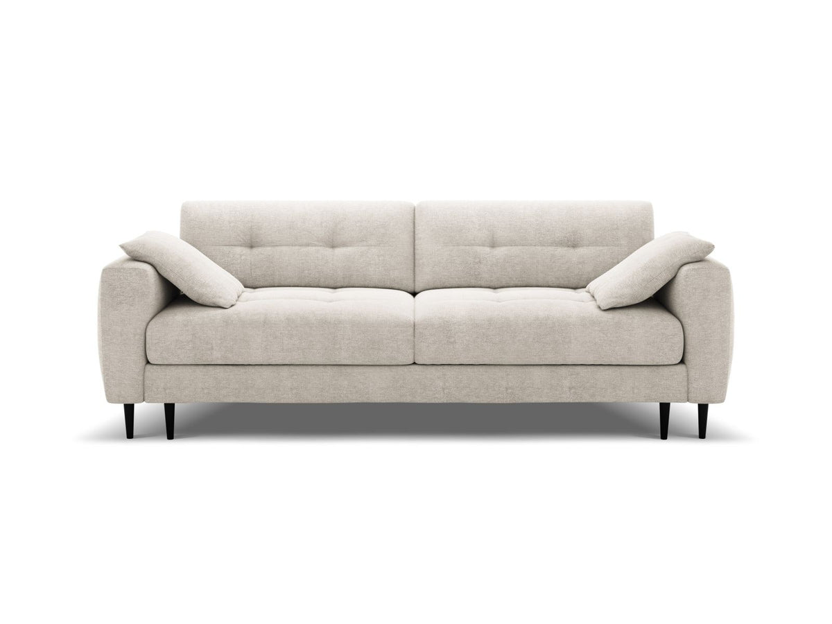 Beiges Bettsofa Lazio mit Sorella-Stoffbezug, Massivholzrahmen, schwarzen Metallbeinen und ausklappbarer Liegefläche samt Bettkasten.