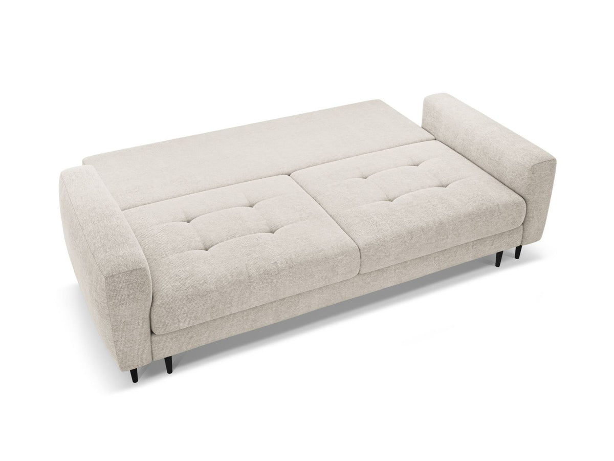 Beiges Bettsofa Lazio mit Sorella-Stoffbezug, Massivholzrahmen, schwarzen Metallbeinen und ausklappbarer Liegefläche samt Bettkasten.