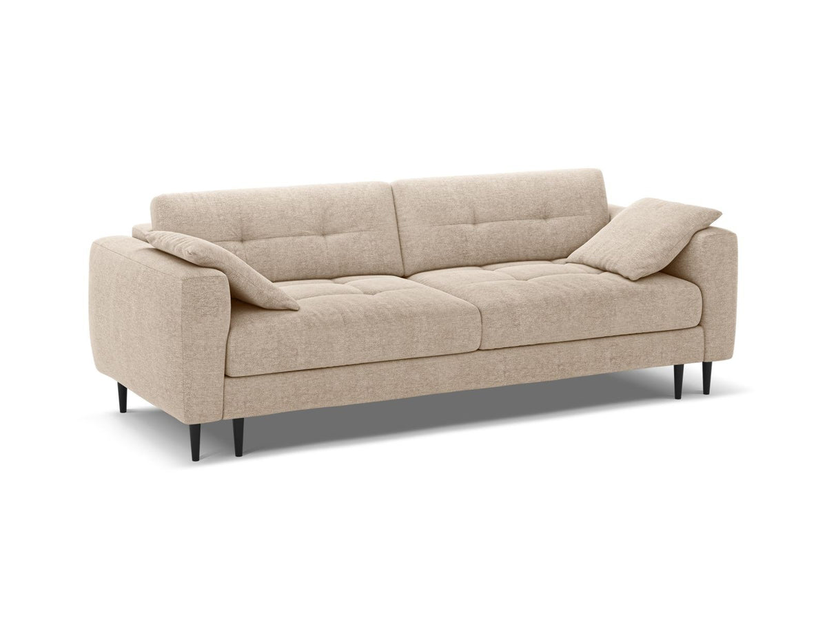 Beiges Bettsofa Lazio mit Sorella-Stoffbezug, Massivholzrahmen, schwarzen Metallbeinen und ausklappbarer Liegefläche samt Bettkasten.