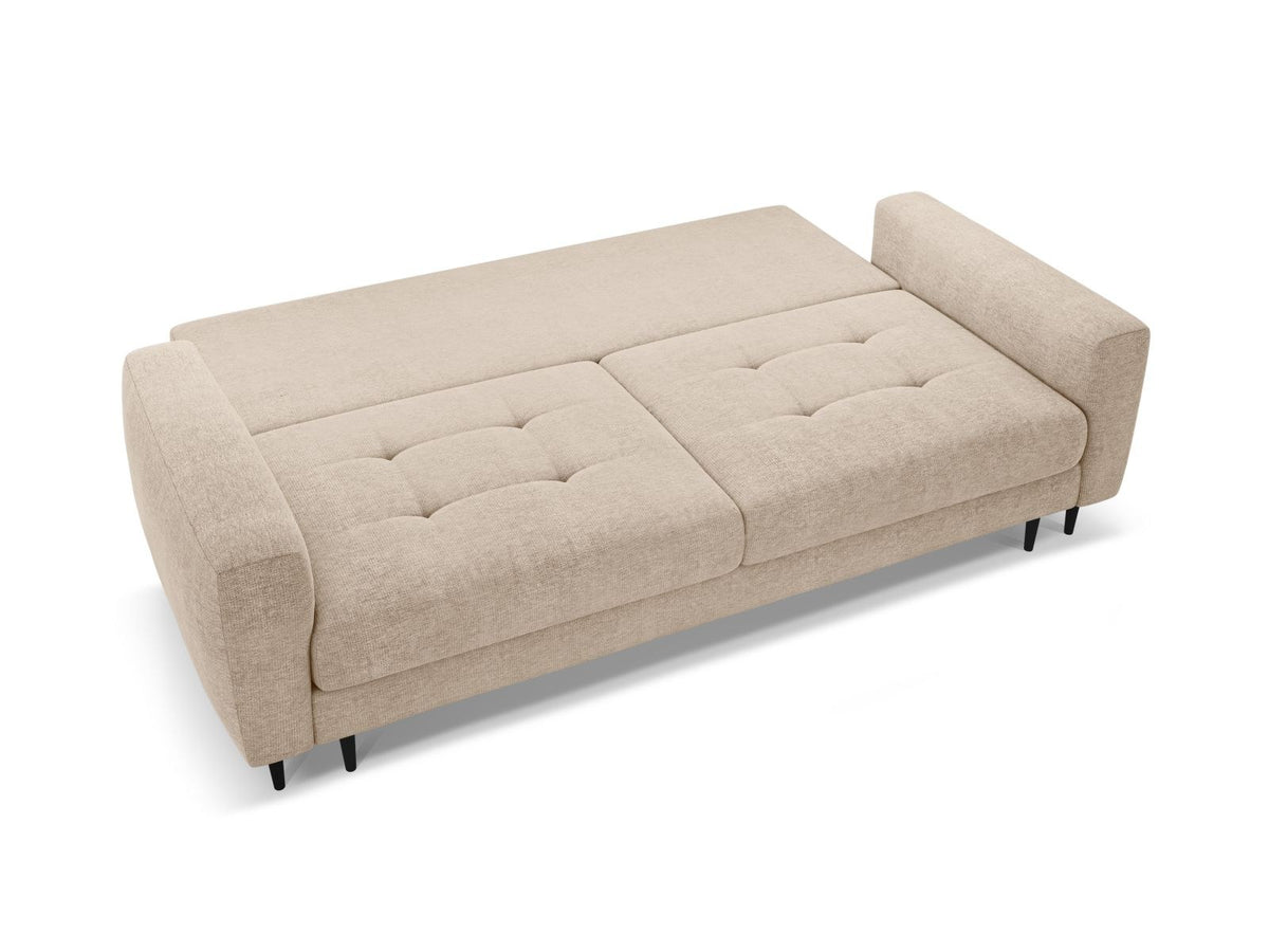 Beiges Bettsofa Lazio mit Sorella-Stoffbezug, Massivholzrahmen, schwarzen Metallbeinen und ausklappbarer Liegefläche samt Bettkasten.