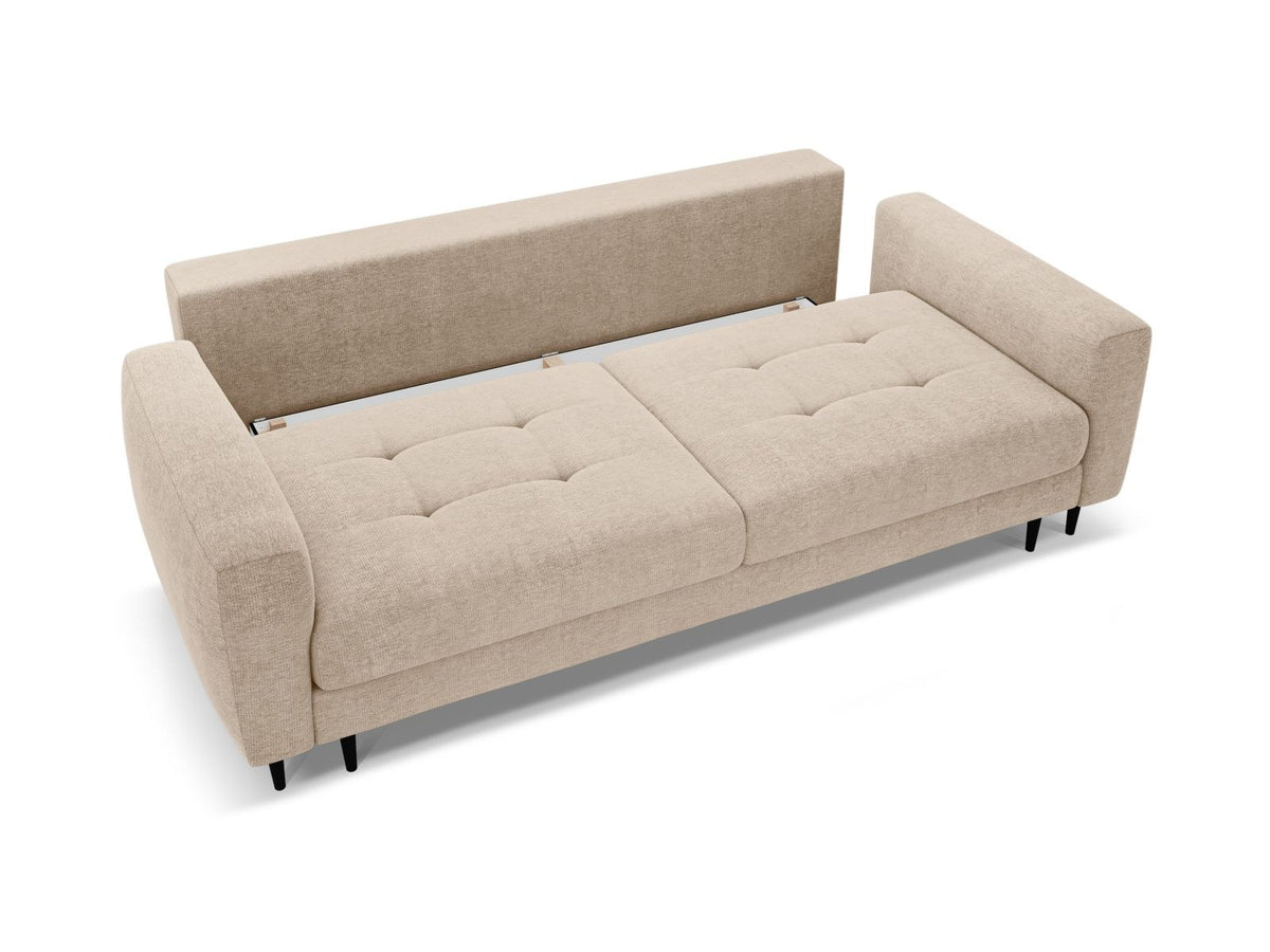 Beiges Bettsofa Lazio mit Sorella-Stoffbezug, Massivholzrahmen, schwarzen Metallbeinen und ausklappbarer Liegefläche samt Bettkasten.