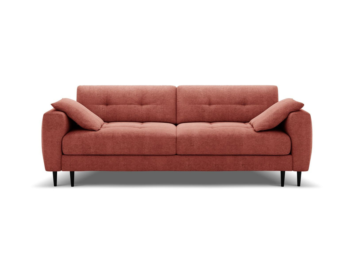 Beiges Bettsofa Lazio mit Sorella-Stoffbezug, Massivholzrahmen, schwarzen Metallbeinen und ausklappbarer Liegefläche samt Bettkasten.
