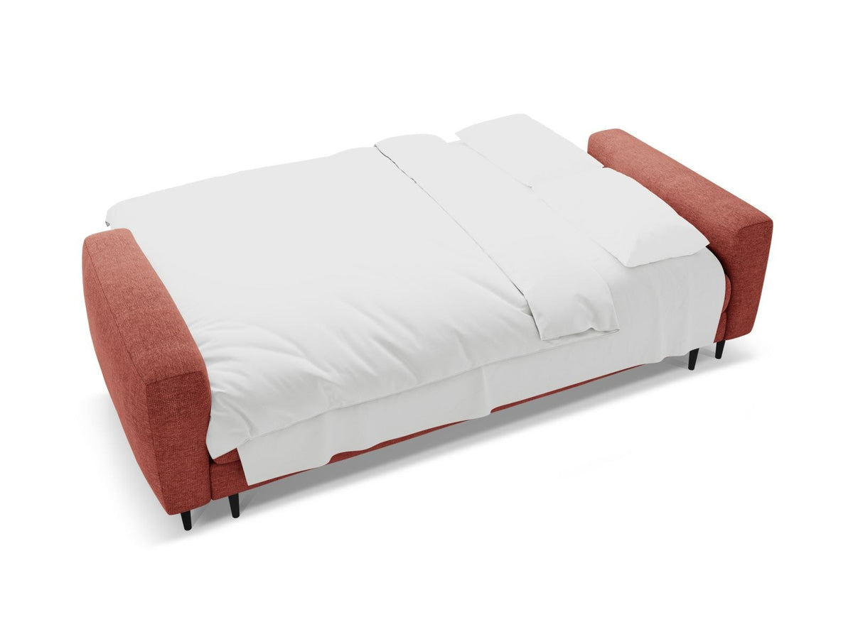 Beiges Bettsofa Lazio mit Sorella-Stoffbezug, Massivholzrahmen, schwarzen Metallbeinen und ausklappbarer Liegefläche samt Bettkasten.