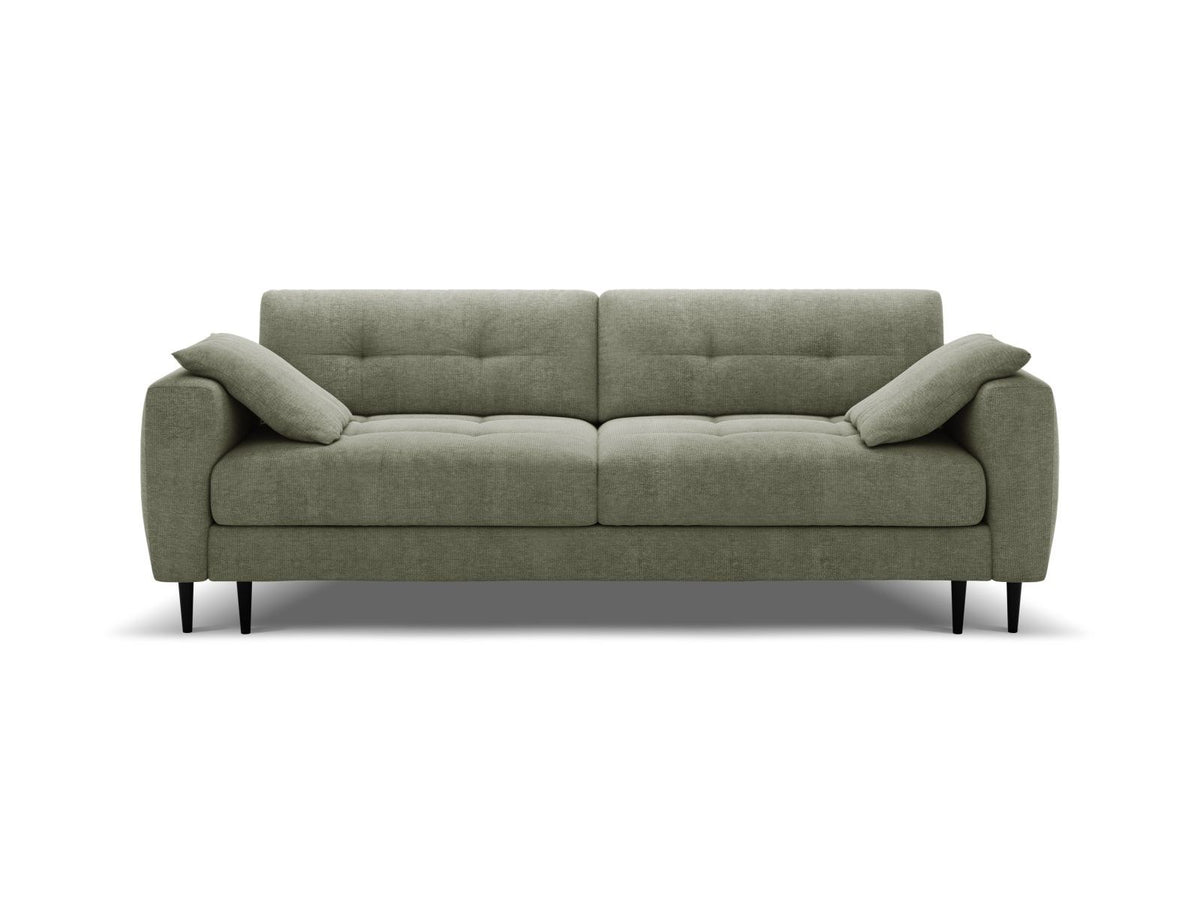 Beiges Bettsofa Lazio mit Sorella-Stoffbezug, Massivholzrahmen, schwarzen Metallbeinen und ausklappbarer Liegefläche samt Bettkasten.