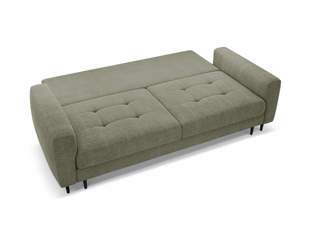 Beiges Bettsofa Lazio mit Sorella-Stoffbezug, Massivholzrahmen, schwarzen Metallbeinen und ausklappbarer Liegefläche samt Bettkasten.