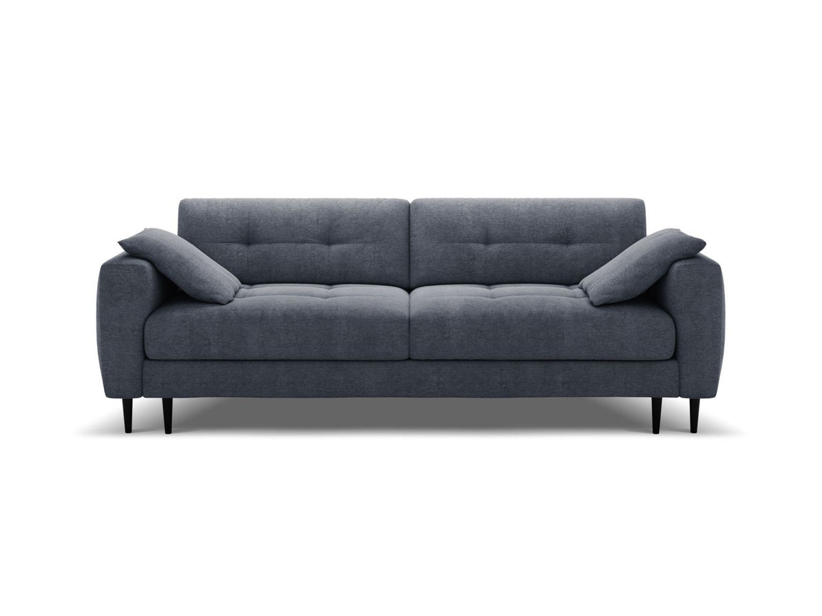 Beiges Bettsofa Lazio mit Sorella-Stoffbezug, Massivholzrahmen, schwarzen Metallbeinen und ausklappbarer Liegefläche samt Bettkasten.