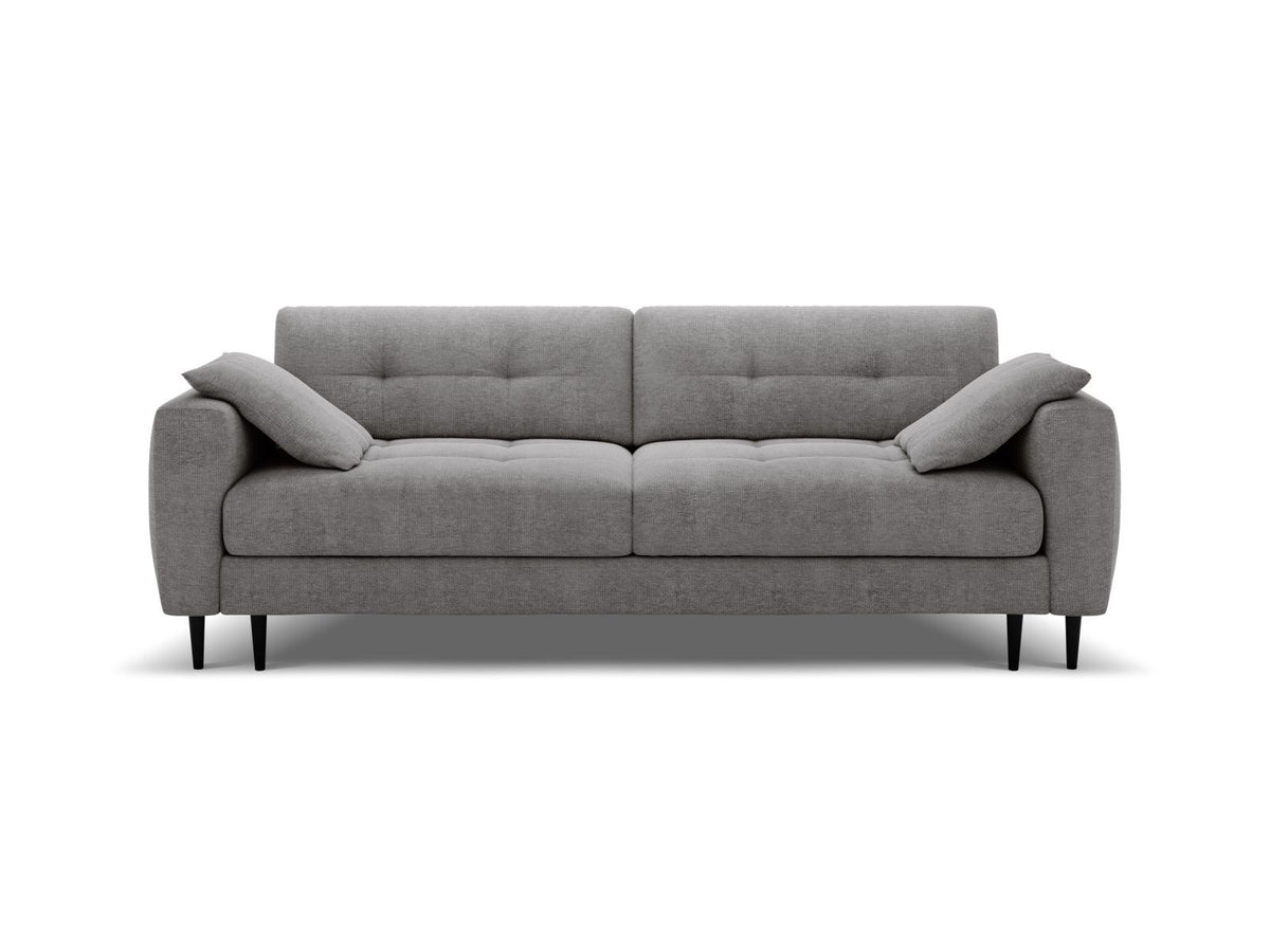 Beiges Bettsofa Lazio mit Sorella-Stoffbezug, Massivholzrahmen, schwarzen Metallbeinen und ausklappbarer Liegefläche samt Bettkasten.