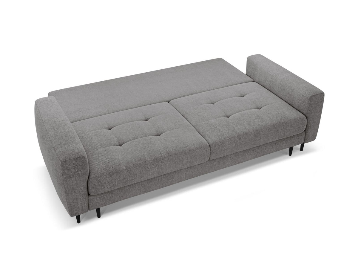 Beiges Bettsofa Lazio mit Sorella-Stoffbezug, Massivholzrahmen, schwarzen Metallbeinen und ausklappbarer Liegefläche samt Bettkasten.
