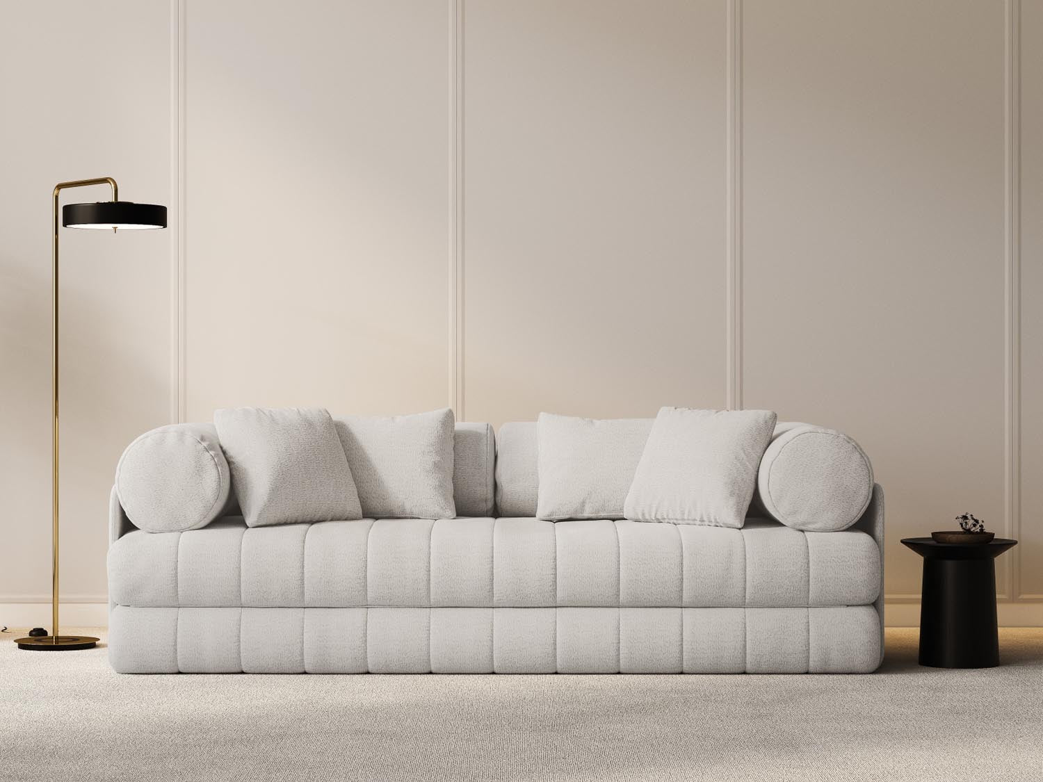 Elegantes Kemi Sofa in Light Beige-CORAL, 3-Sitzer mit Schlaffunktion, ideal für stilvolle Wohnräume und Gästeübernachtungen.