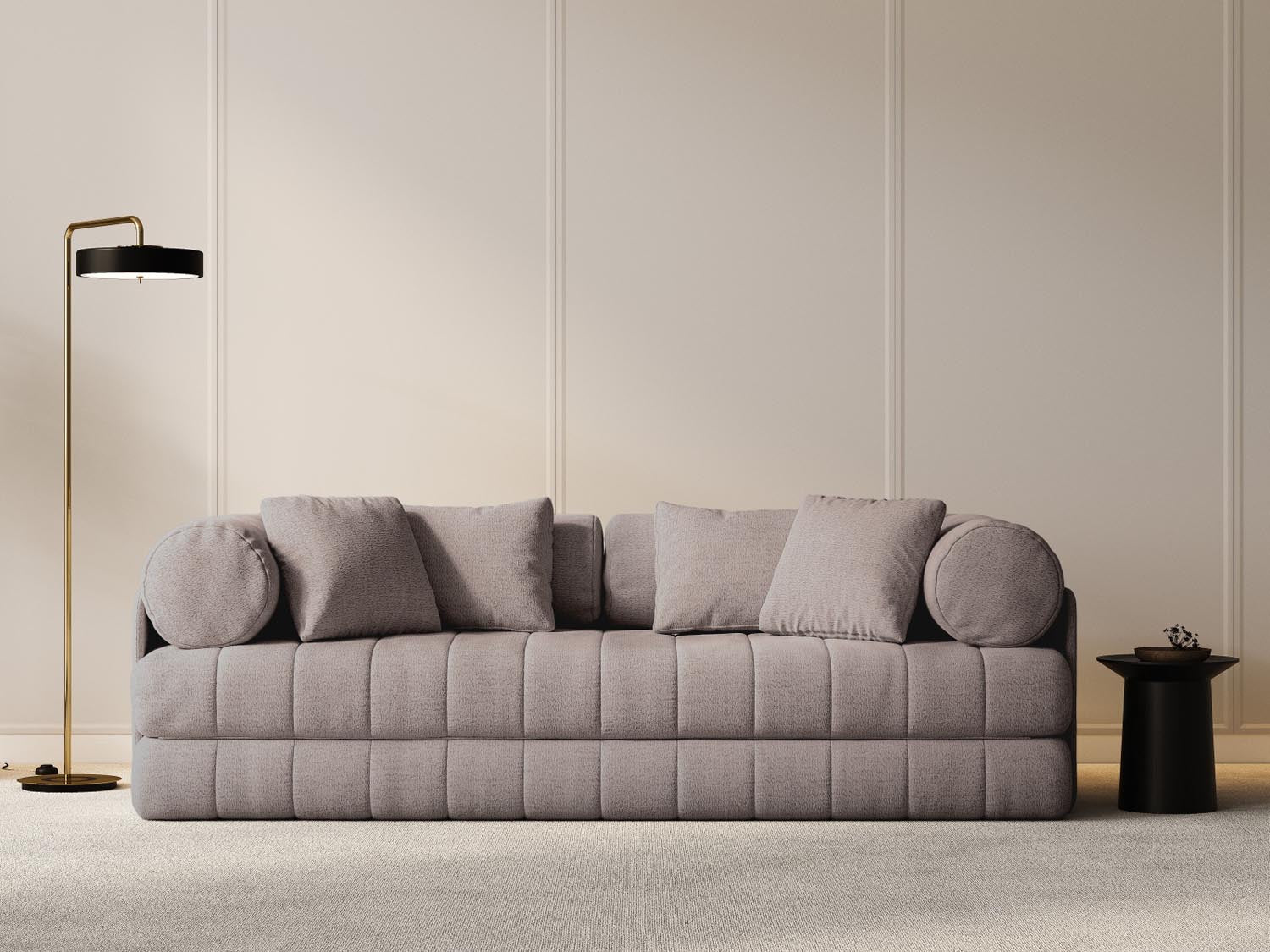 Elegantes Kemi Sofa in Warm Grey-CORAL, 3-Sitzer mit Schlaffunktion, ideal für stilvolle Wohnräume und gemütliche Nächte.