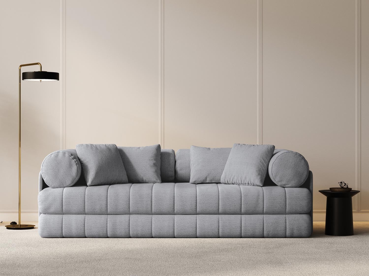 Elegantes Kemi Sofa in Grau mit Schlaffunktion, ideal für stilvolle Wohnräume und Übernachtungsgäste, präsentiert von Cosmopolitan Design.