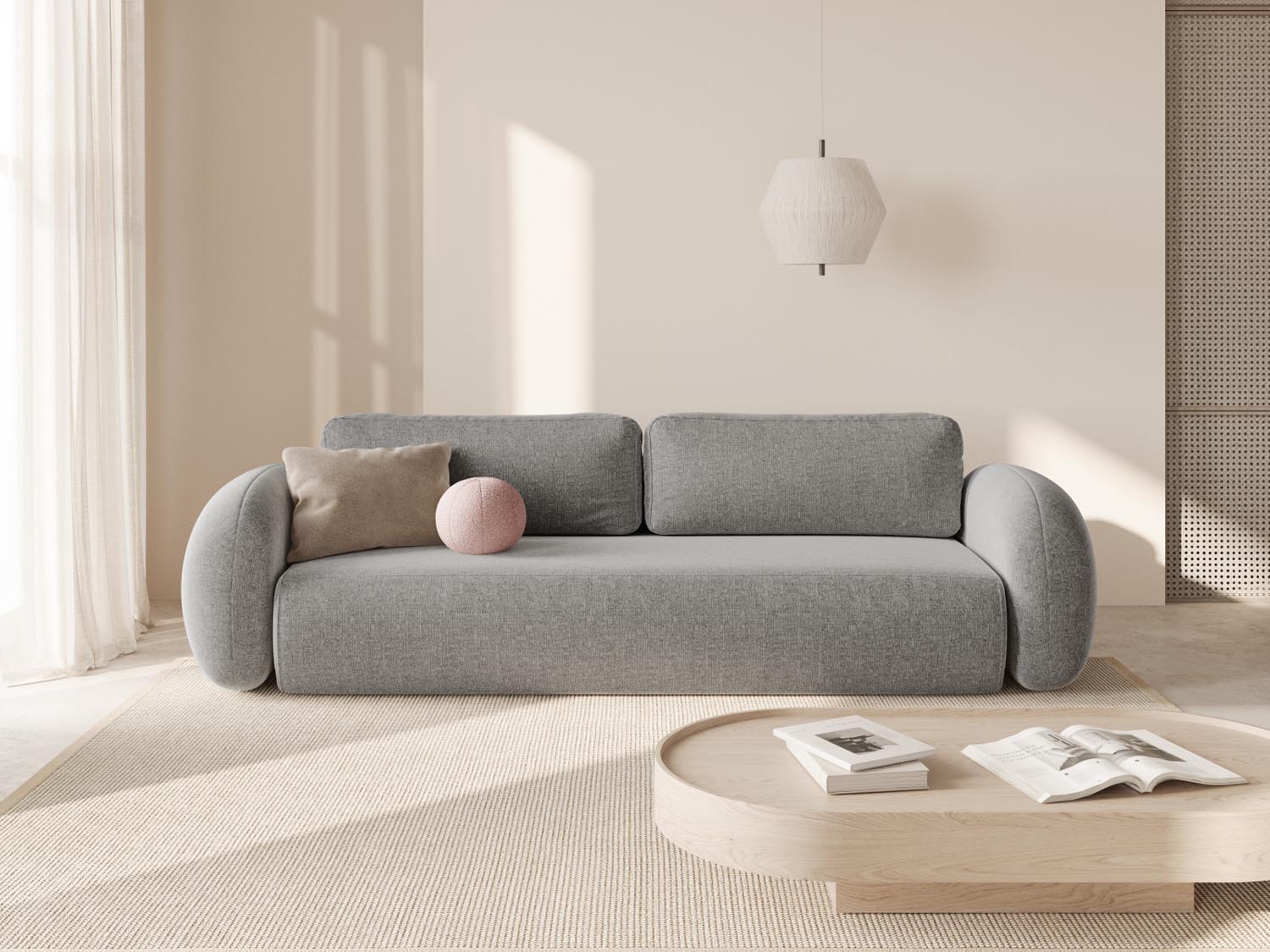Elegantes 3-Sitzer Bettsofa Tonale in hellem Grau mit Schlaffunktion und praktischem Stauraum, ideal für moderne Wohnräume.