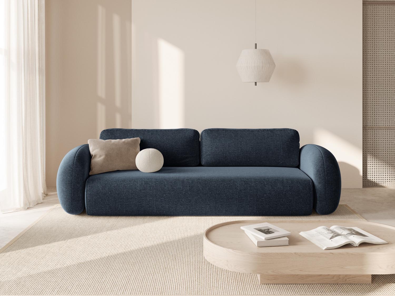 Elegantes Tonale Sofa in Navy Blue-Eden, 3-Sitzer mit Schlaffunktion und Stauraum, ideal für modernes Wohnen und vielseitige Nutzung.