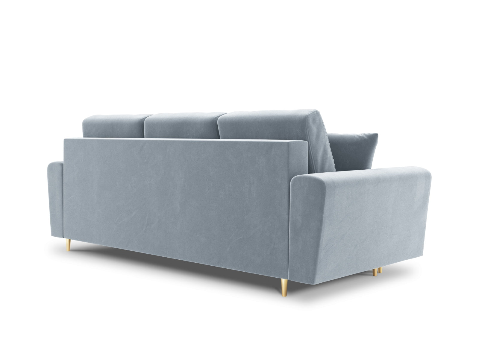 Modernes Kyoto Sofa in sanftem Blau, 3-Sitzer mit praktischer Schlaffunktion und integriertem Stauraum, perfekt für vielseitige Wohnkonzepte.