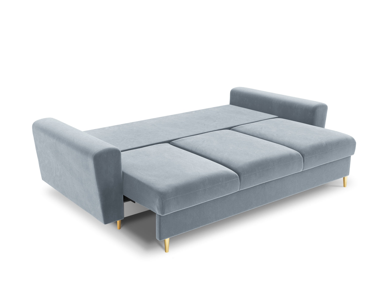 Elegantes Kyoto Sofa in zartem Blau, 3-Sitzer mit Schlafoption und Stauraum, ideal für stilvolle und funktionale Wohnräume.