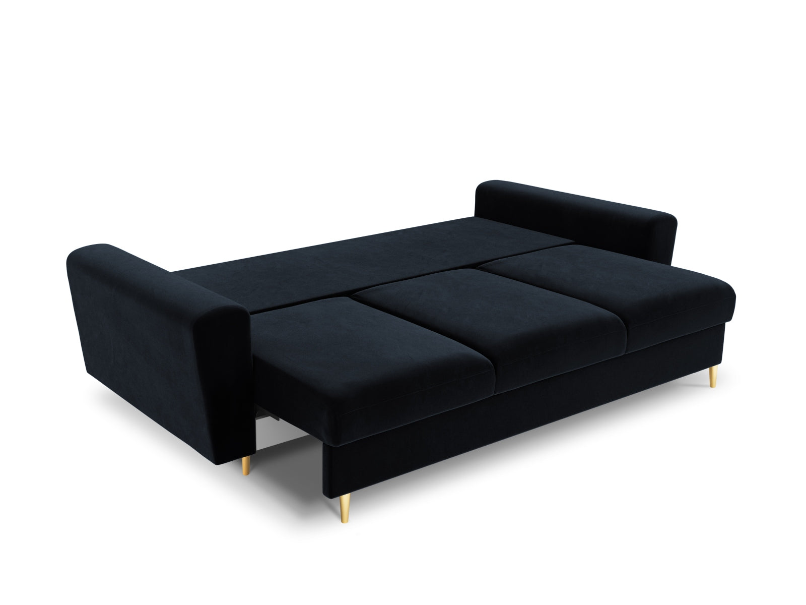 Elegantes Kyoto Sofa in stilvollem Blau, 3-Sitzer mit Schlafoption und Stauraum, ideal für kleine Räume und flexible Nutzung.
