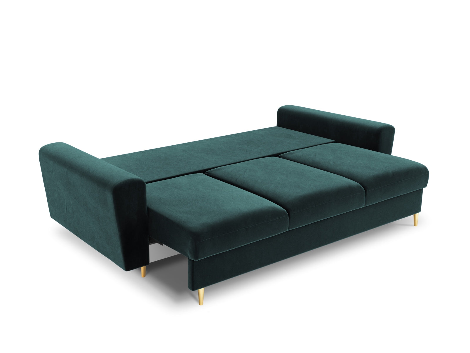 Elegantes Kyoto Sofa in Petrol-Riviera, 3-Sitzer mit integrierter Schlaffunktion und Stauraum, ideal für vielseitige Wohnräume.