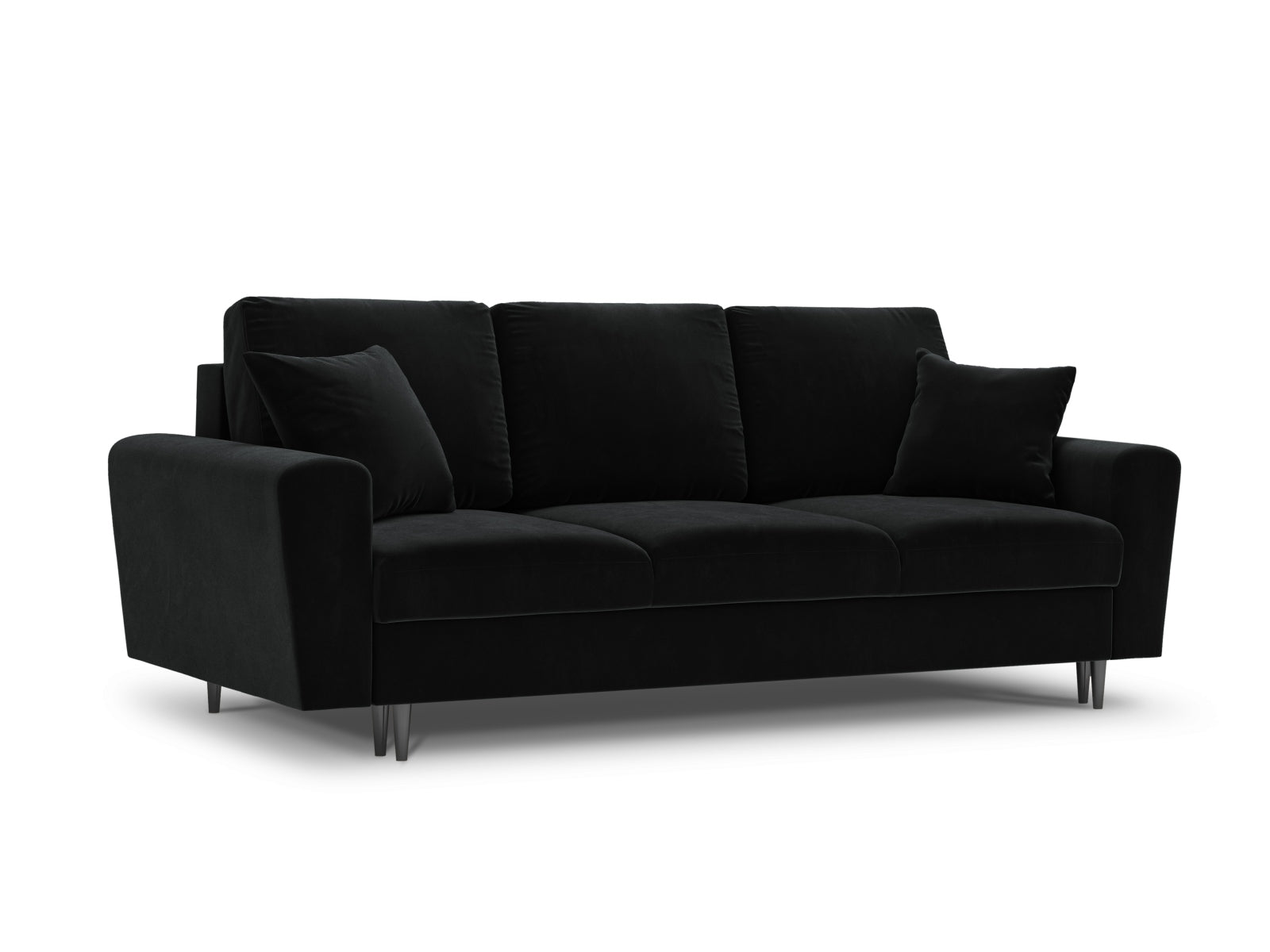 Elegantes Kyoto Sofa in Schwarz, 3-Sitzer mit integrierter Schlaffunktion und Stauraum, ideal für stilvolle und funktionale Wohnräume.