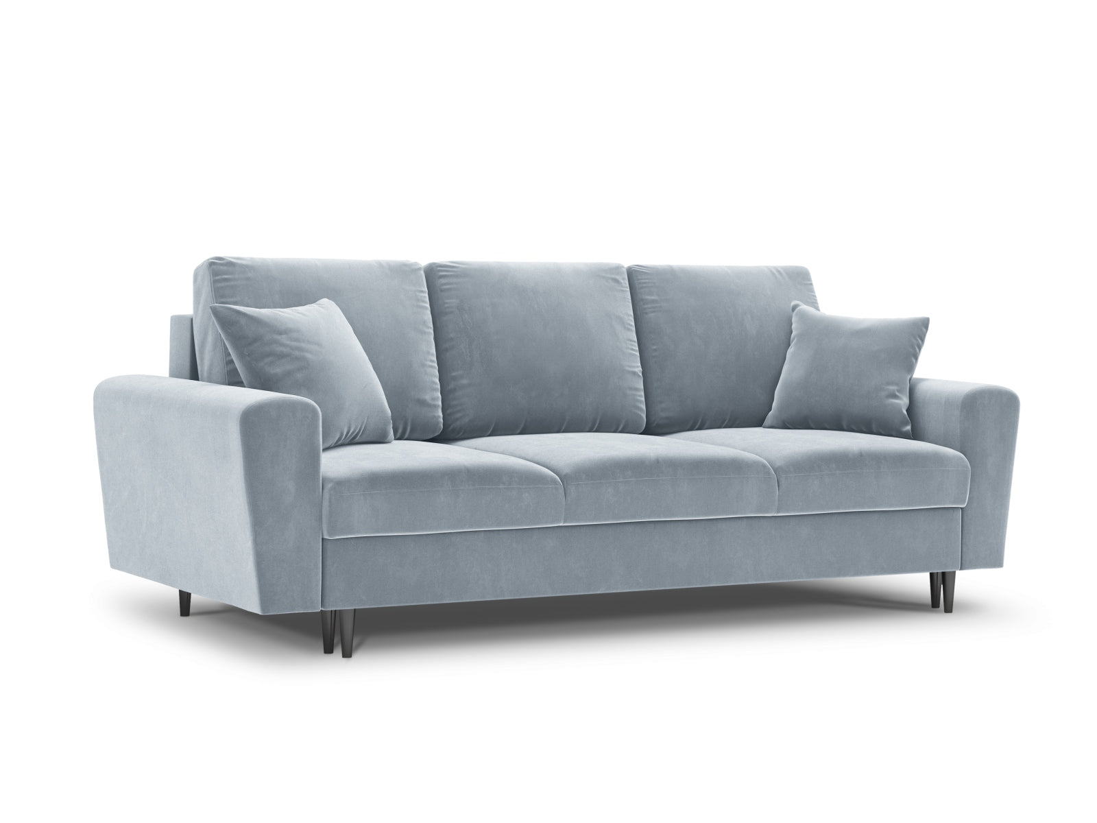 Elegantes Kyoto Sofa in sanftem Blau, 3-Sitzer mit Schlaffunktion und Stauraum, ideal für stilvolle Wohnräume und flexible Nutzung.