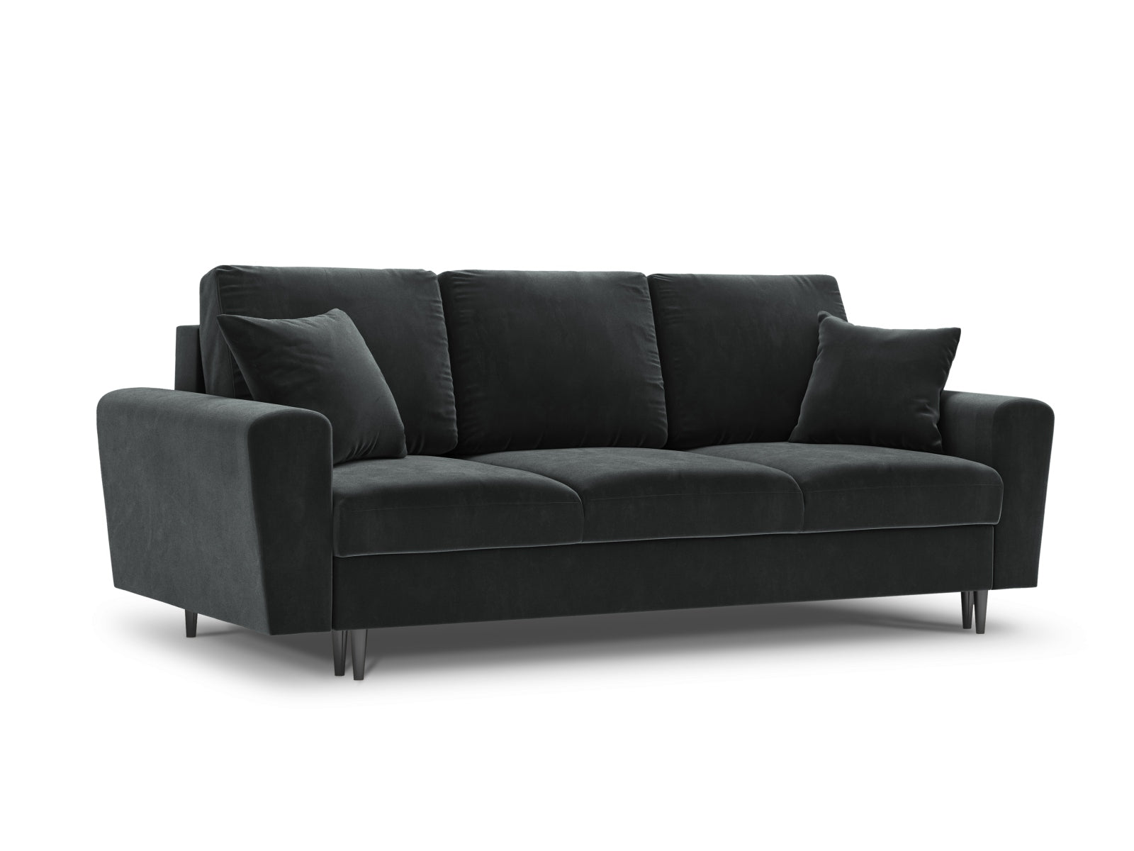 Elegantes Kyoto Sofa in Dunkelgrau, 3-Sitzer mit integrierter Schlaffunktion und Stauraum, ideal für platzsparende Wohnlösungen.