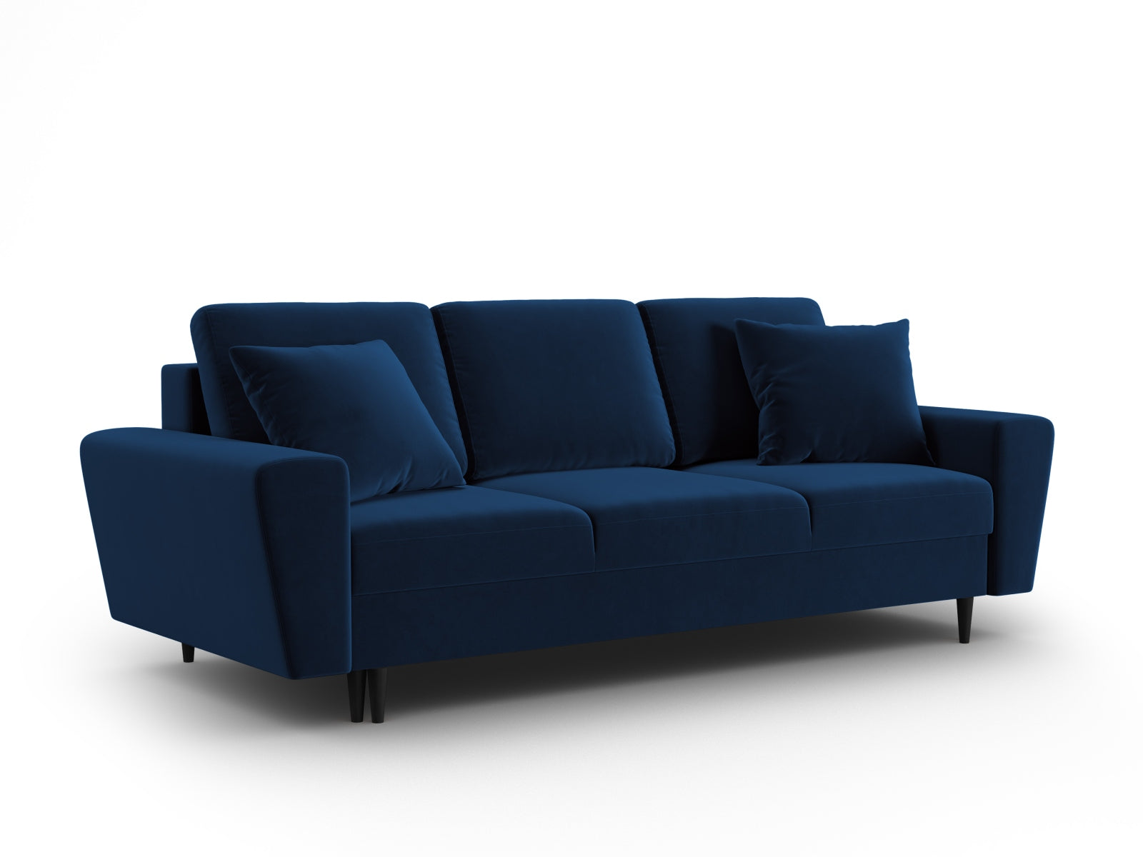 Stylisches Kyoto Sofa in edlem Blau, 3-Sitzer mit Schlaffunktion und Stauraum, ideal für moderne Wohnkonzepte und flexible Nutzung.