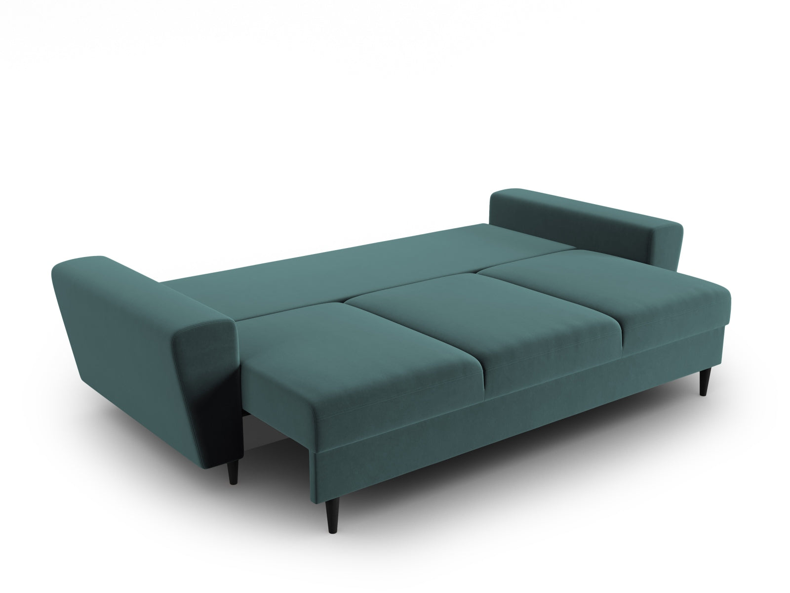 Elegantes Kyoto Sofa in Petrol-Riviera, 3-Sitzer mit integrierter Schlaffunktion und Stauraum, ideal für vielseitige Wohnräume.