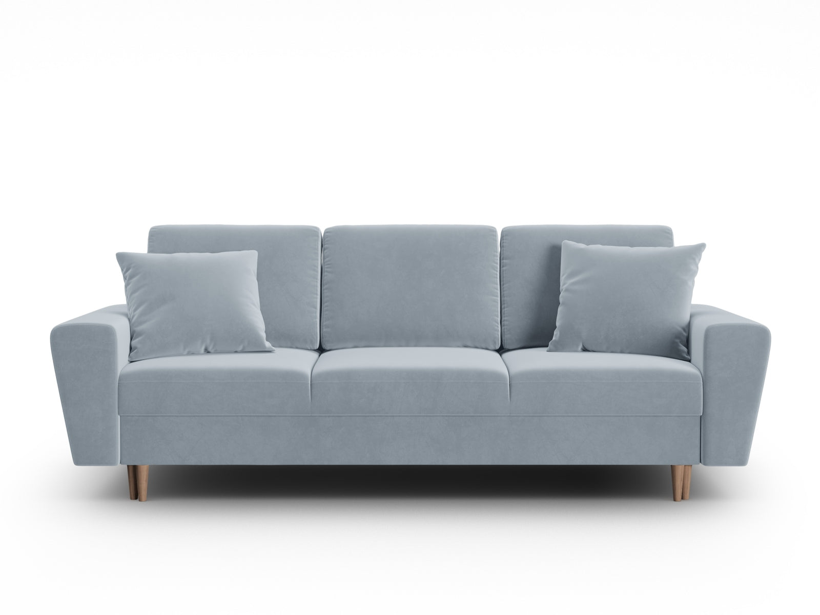 Modernes Kyoto Sofa in zartem Blau, 3-Sitzer mit praktischer Schlaffunktion und Stauraum, perfekt für multifunktionale Wohnbereiche.