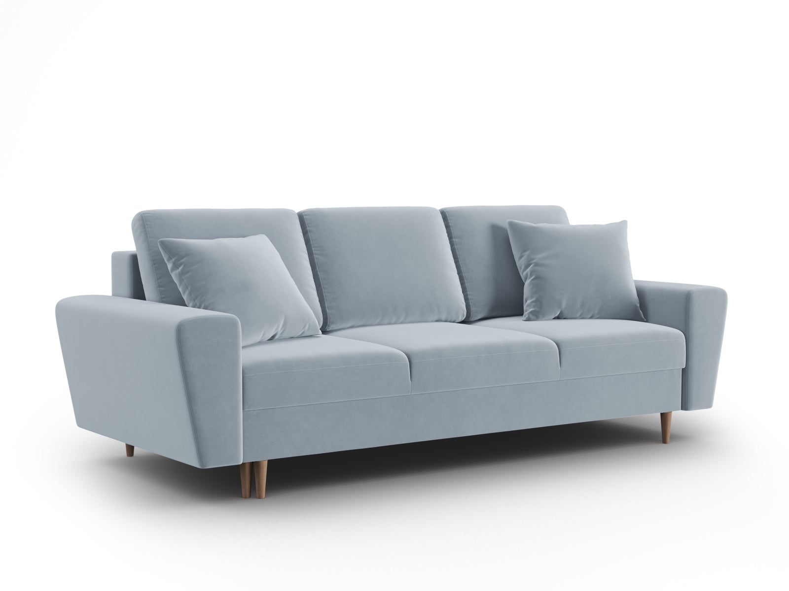 Elegantes Kyoto Sofa in sanftem Blau, 3-Sitzer mit integrierter Schlaffunktion und Stauraum, ideal für stilvolle und funktionale Räume.