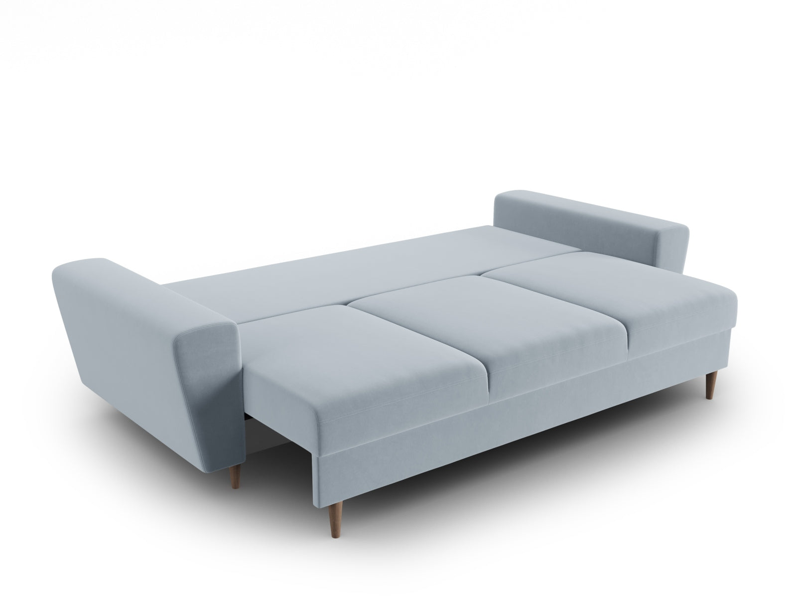 Elegantes Kyoto Sofa in sanftem Blau, 3-Sitzer mit integrierter Schlaffunktion und Stauraum, ideal für stilvolle und funktionale Wohnräume.