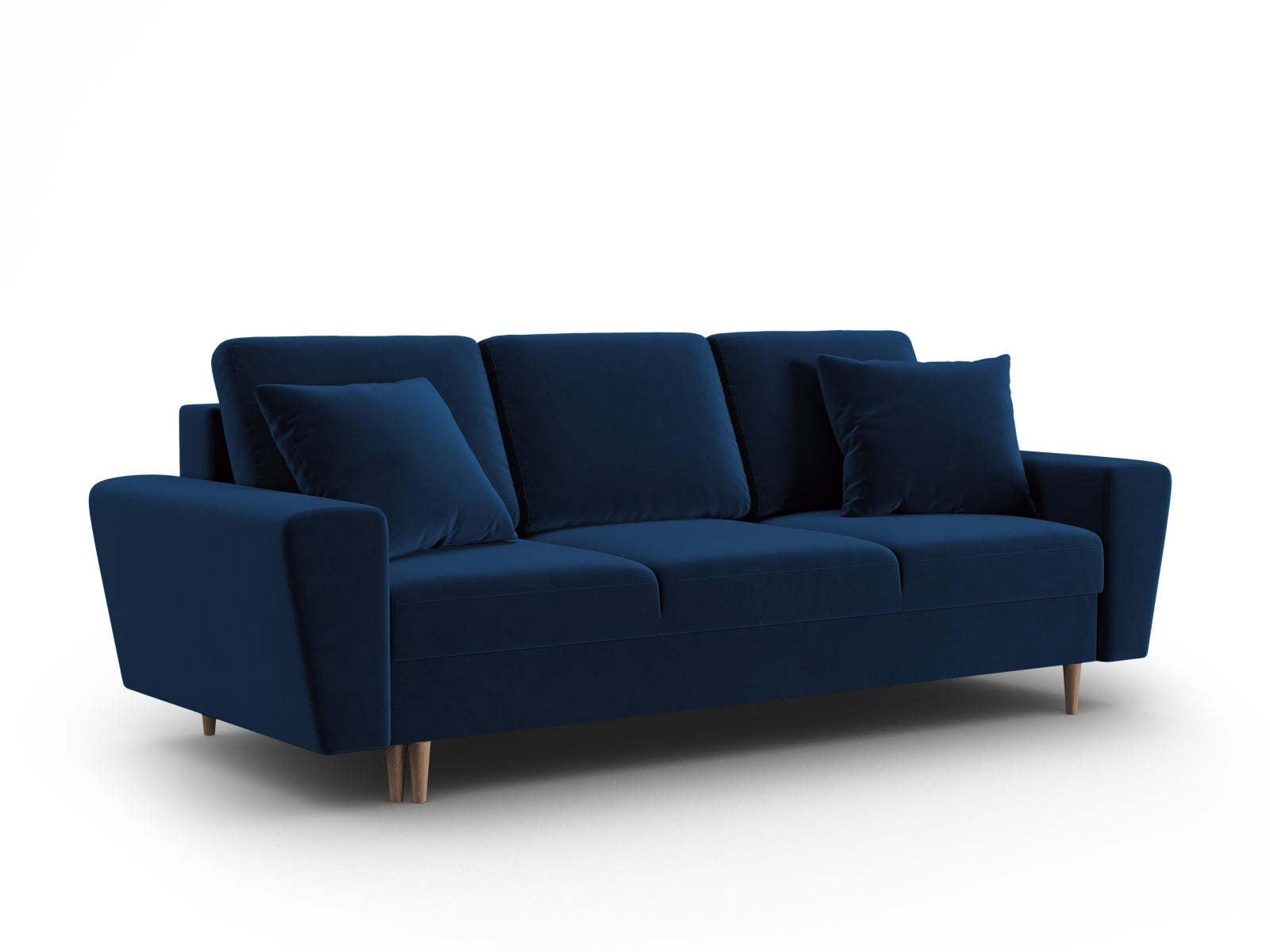 Modernes Kyoto Sofa in edlem Blau, 3-Sitzer mit integrierter Schlaffunktion und Stauraum, ideal für multifunktionale Wohnbereiche.